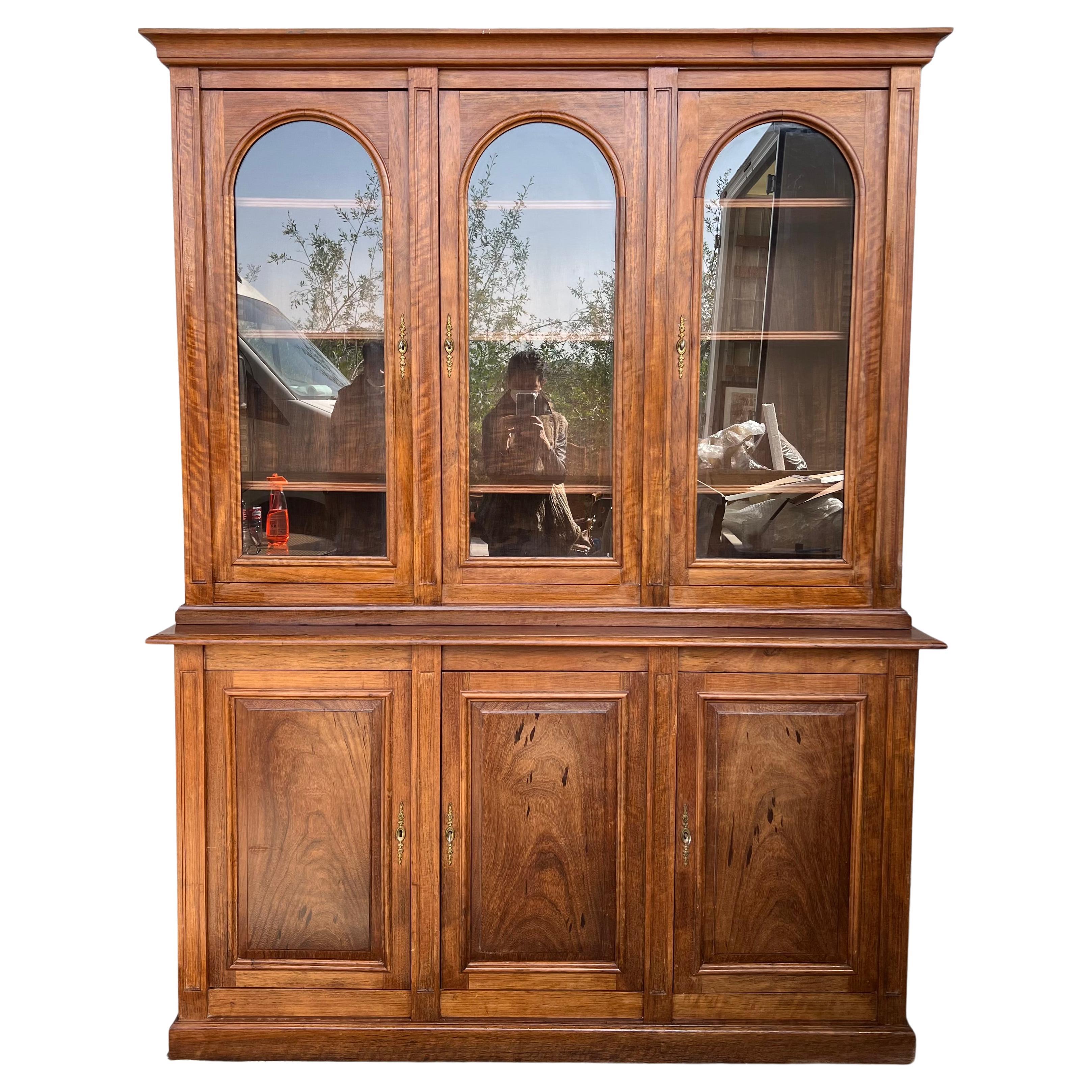 Early 20th Bookcase or Vitrine in Spanish Pine with Three Arch Glass Doors For Sale