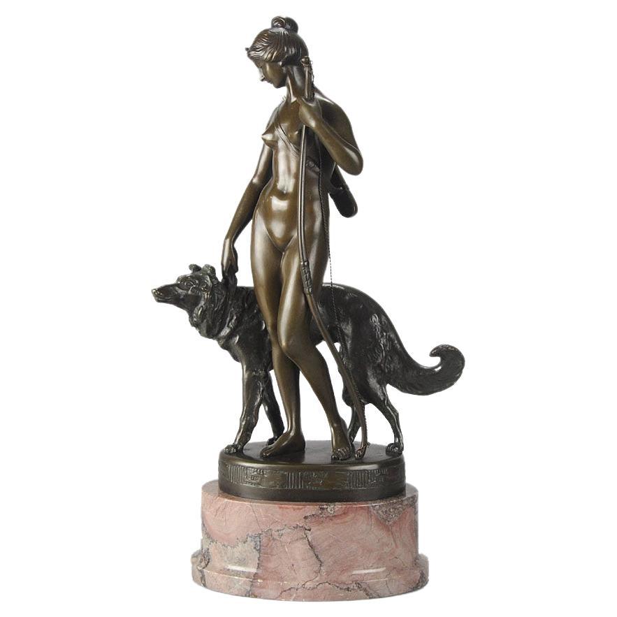 Bronzegruppe mit dem Titel Diana der Jägerin von A Muller-Crefeld aus dem frühen 20. Jahrhundert