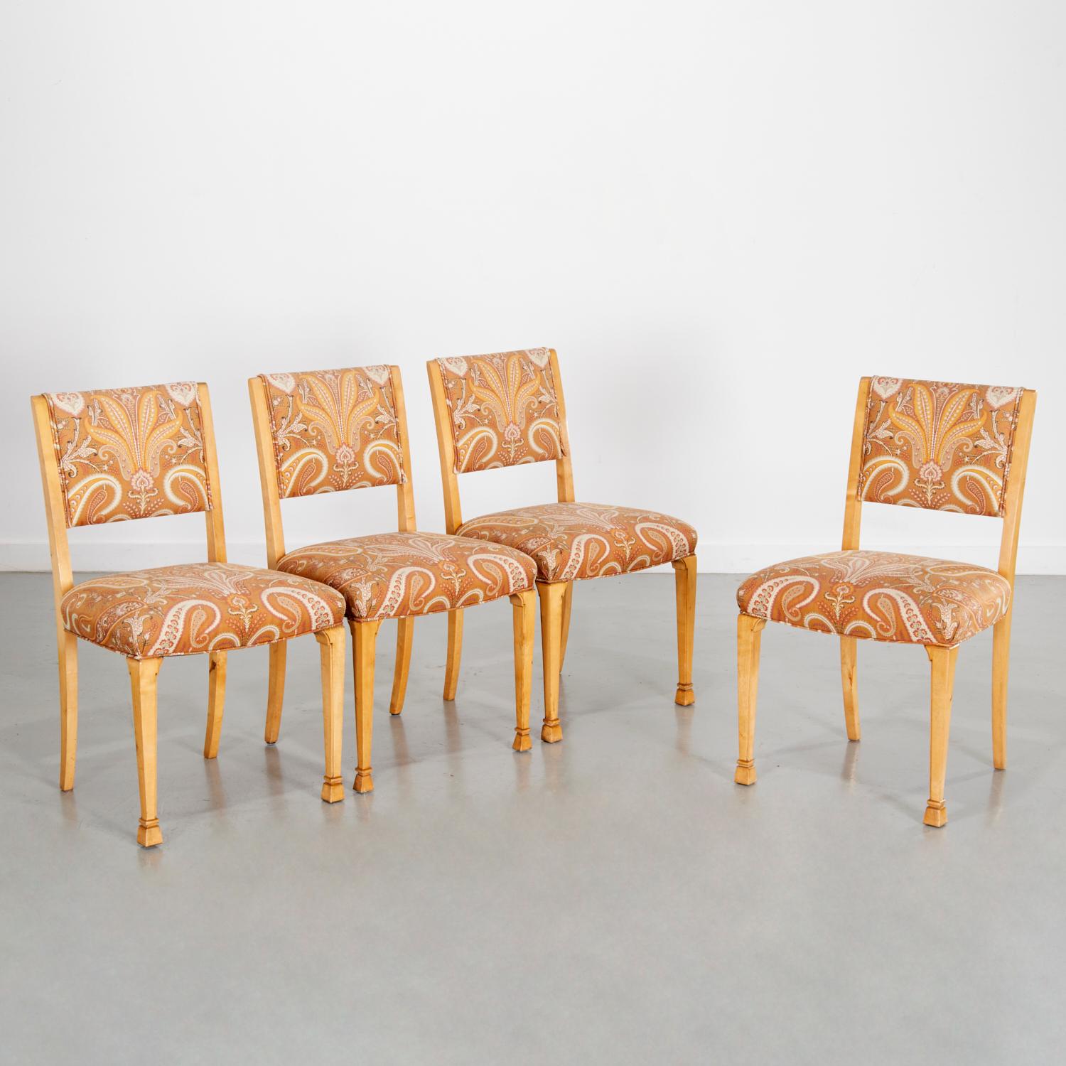 Early 20th c.,  a set of four Swedish Grace style chairs, distinguished by their simple, yet elegant design, and upholstered in a richly patterned fabric. These chairs reflect the key characteristics of the Swedish Grace period, blending