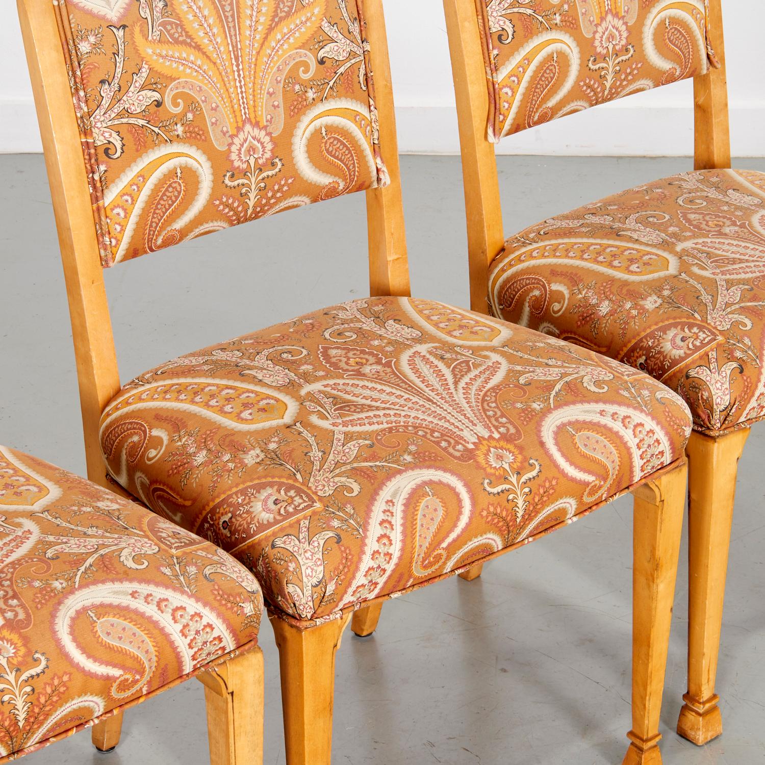Scandinavian Modern Early 20th C. 4 Swedish Grace Style Blonde Wood Side Chairs with Paisley Fabric For Sale