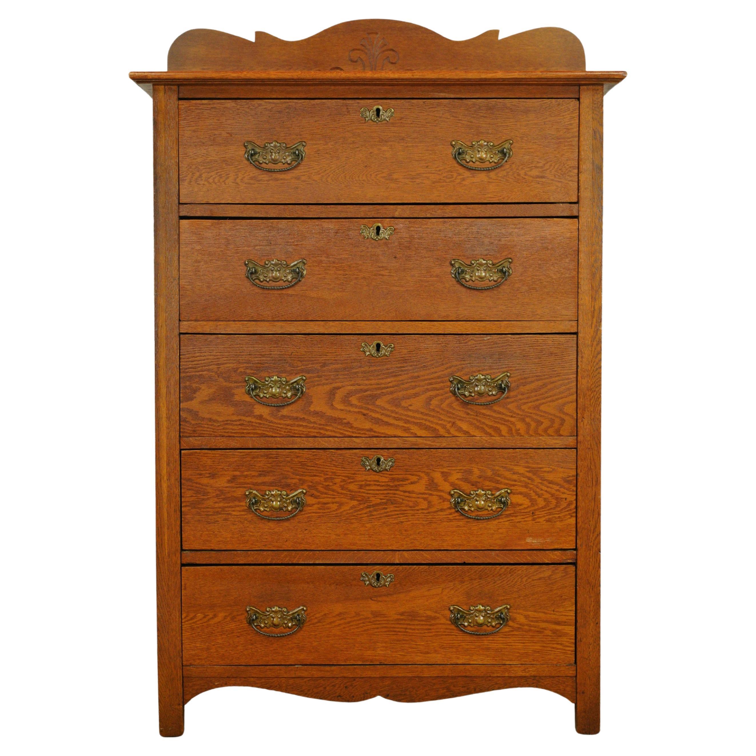 Early 20th C 5 Dovetailed Drawer Oak Highboy Dresser For Sale