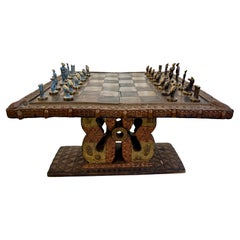 Early 20th C. African Copper and Brass Chess Table + Bronze Game Pieces