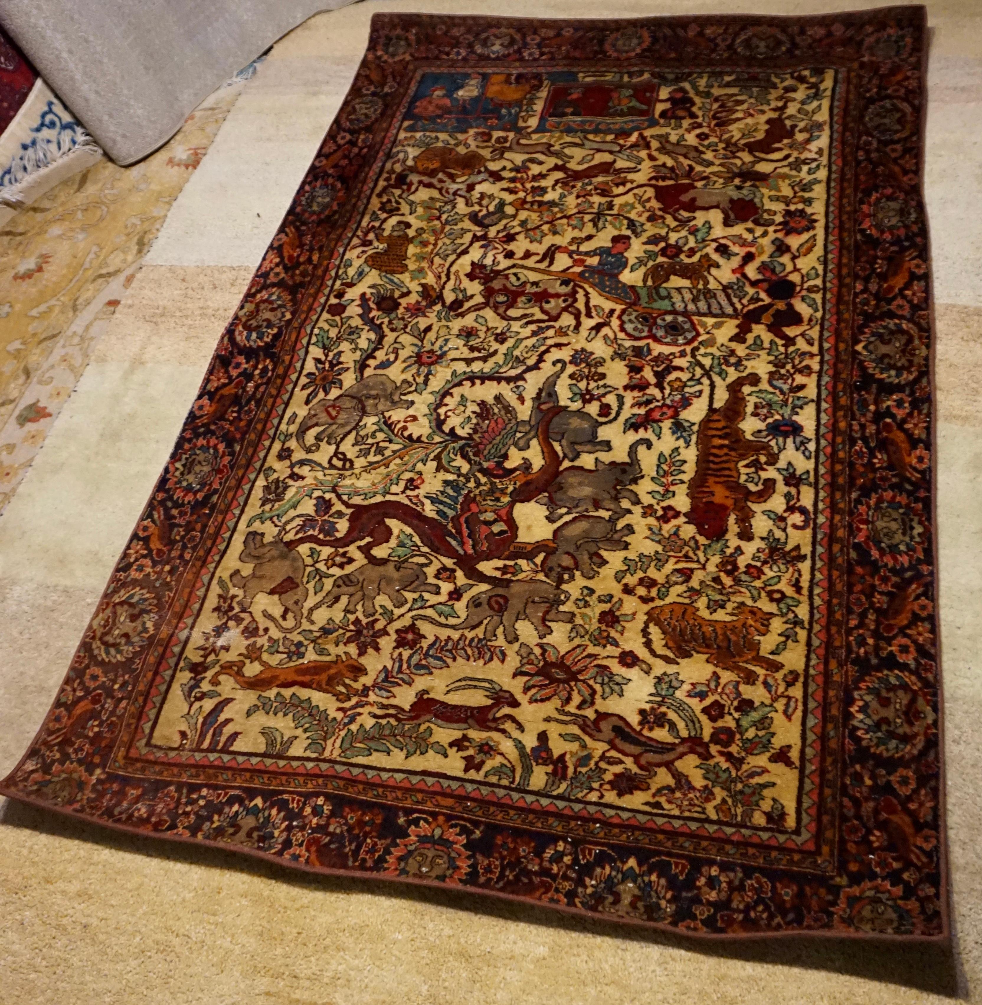 19th C. Agra Rug with Maharaja and Hunting Scene Tigers, Elephants Symbolism For Sale 9