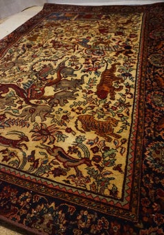 19th C. Agra Rug with Maharaja and Hunting Scene Tigers, Elephants Symbolism