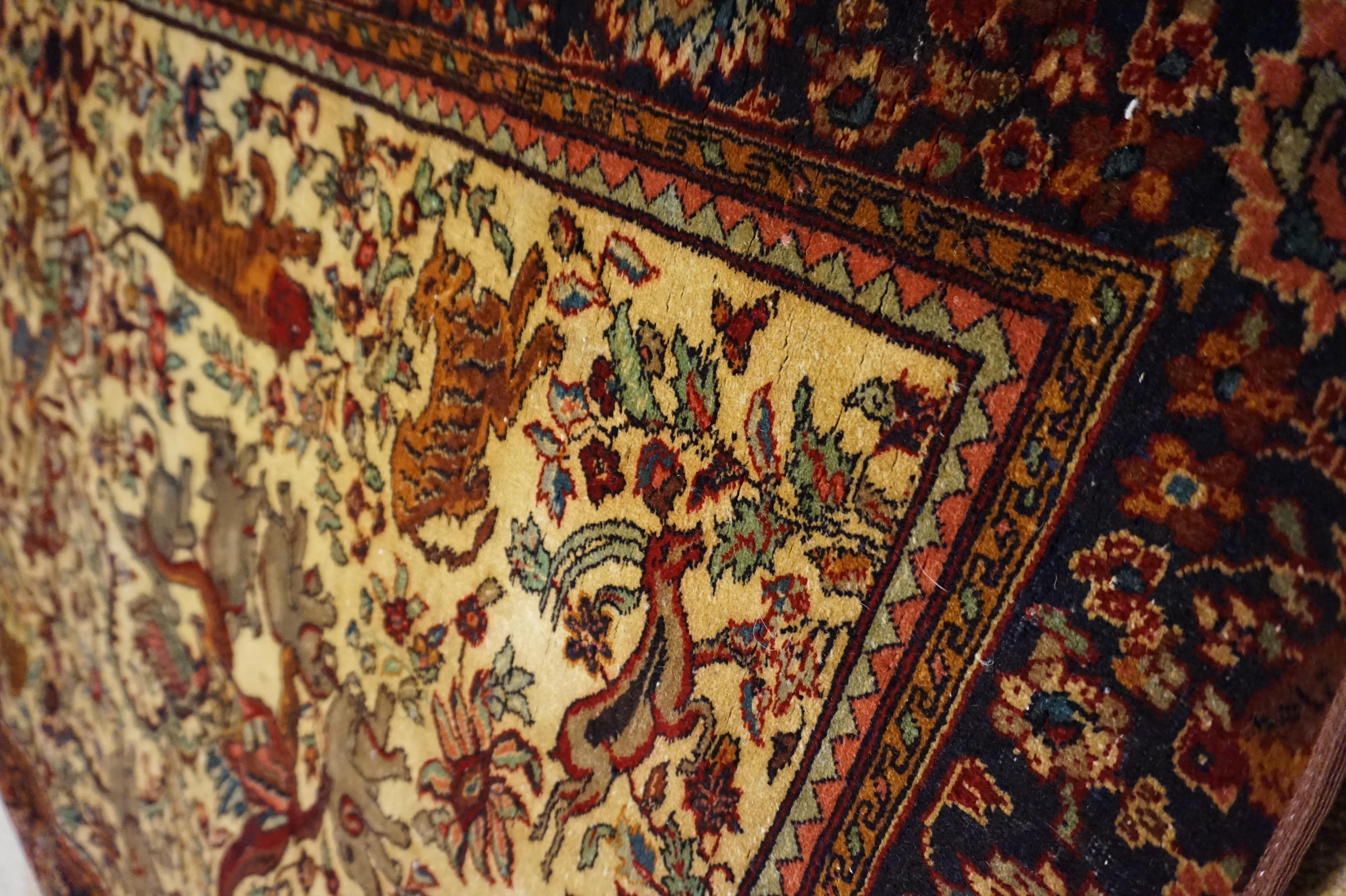 Indian 19th C. Agra Rug with Maharaja and Hunting Scene Tigers, Elephants Symbolism For Sale