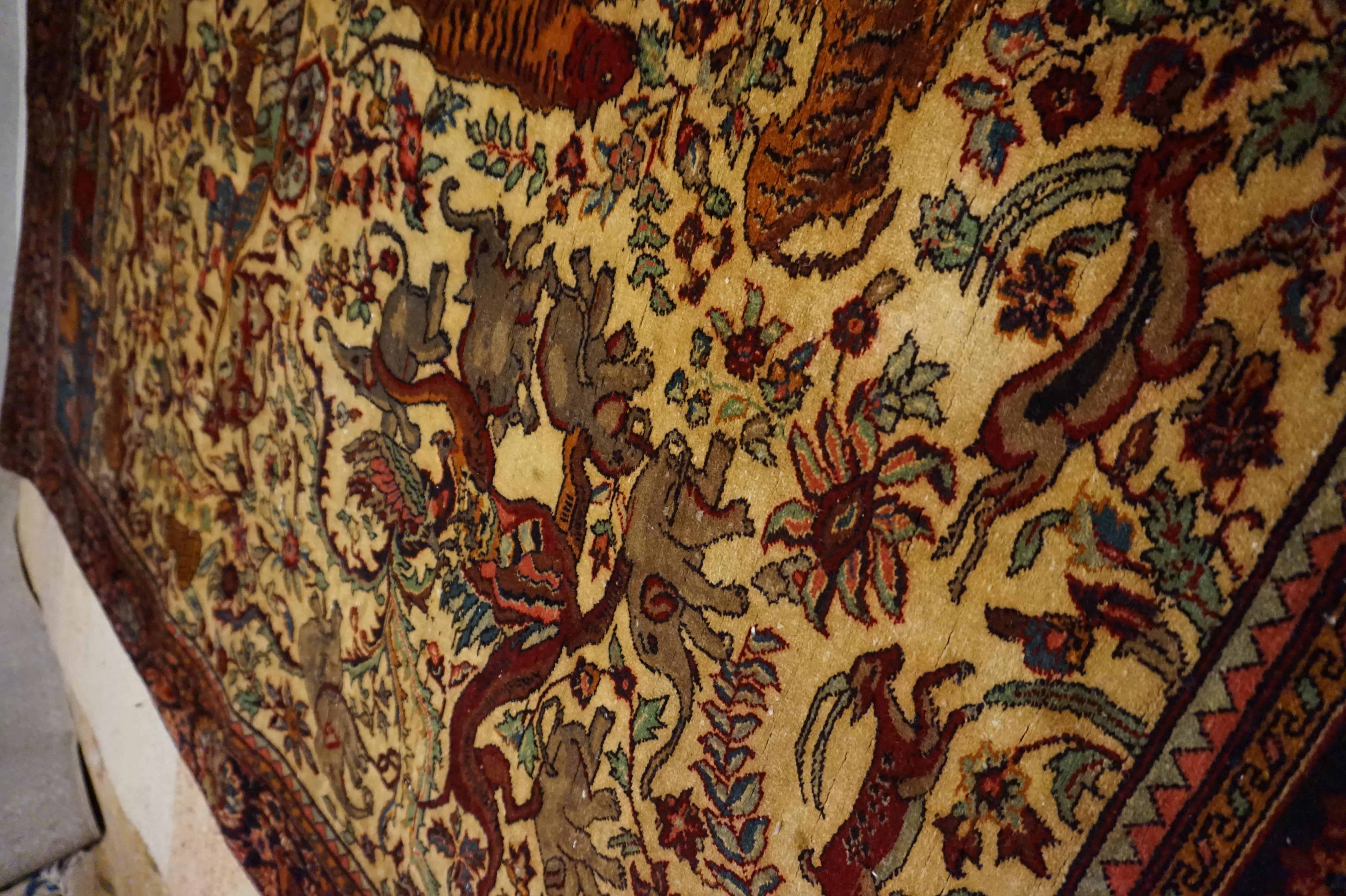 Hand-Knotted 19th C. Agra Rug with Maharaja and Hunting Scene Tigers, Elephants Symbolism For Sale