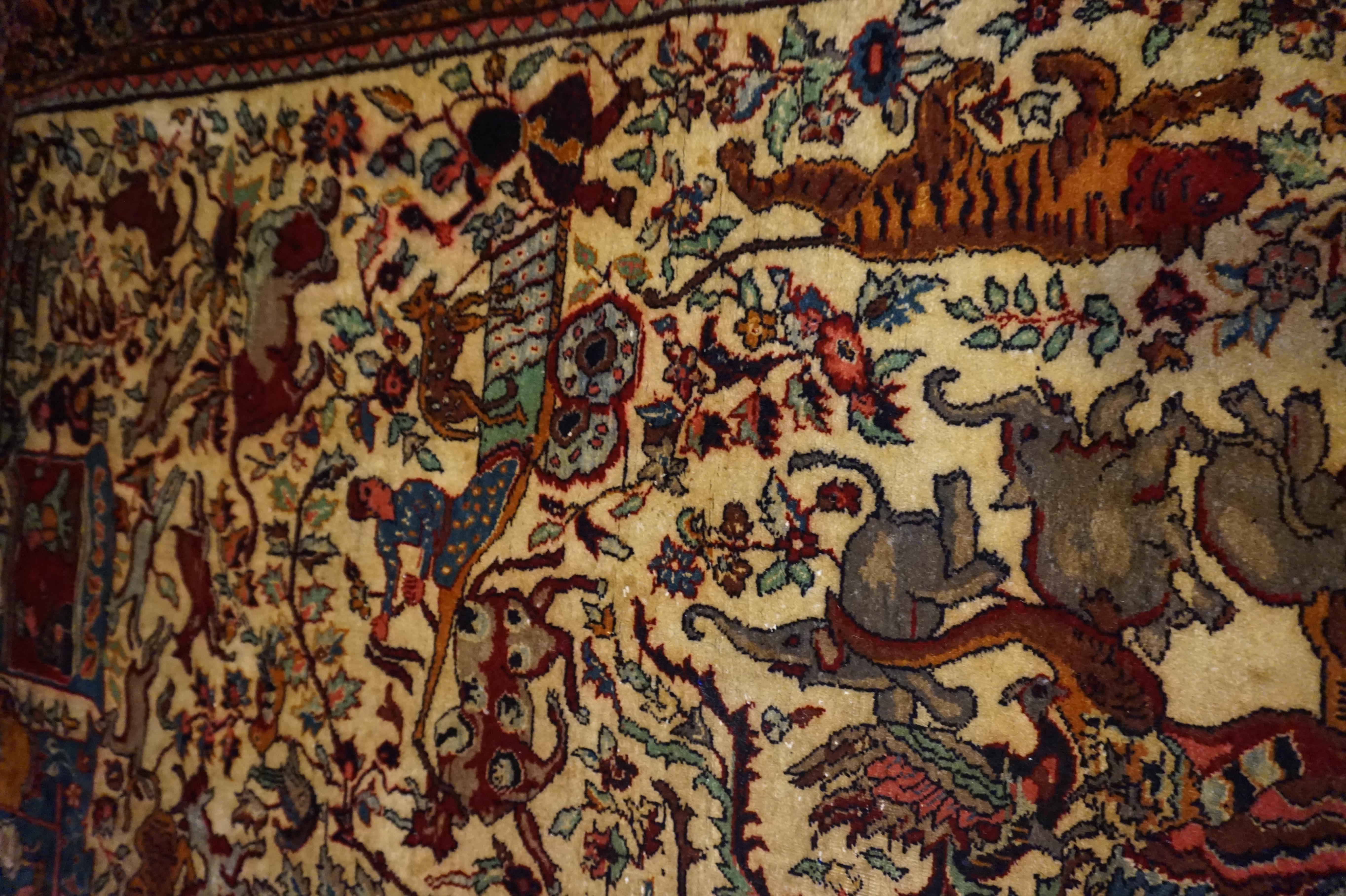 Early 20th Century 19th C. Agra Rug with Maharaja and Hunting Scene Tigers, Elephants Symbolism For Sale