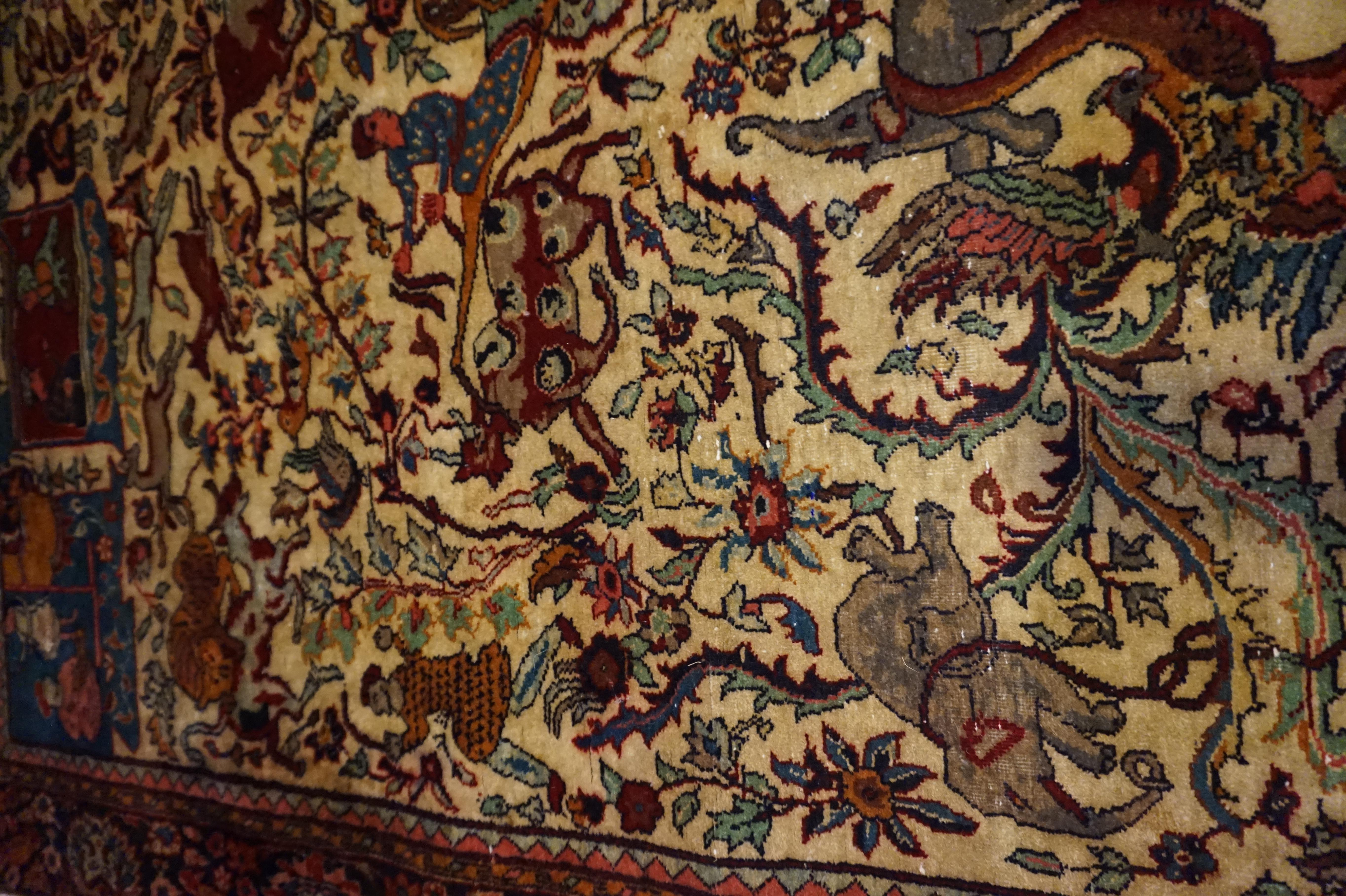 Wool 19th C. Agra Rug with Maharaja and Hunting Scene Tigers, Elephants Symbolism For Sale