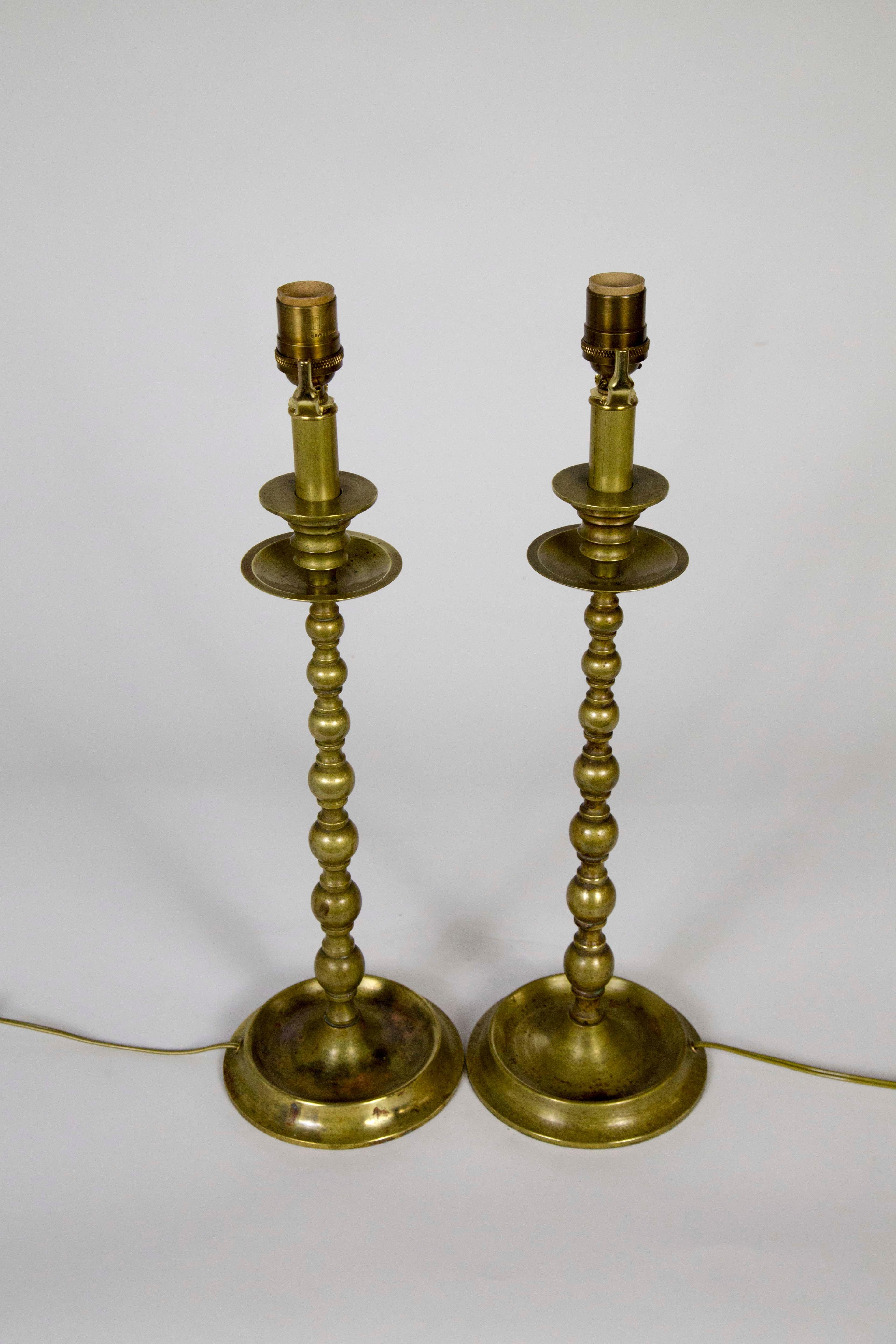 Early 20th Century American Colonial Brass Candlestick Lamps ‘Pair’ 2