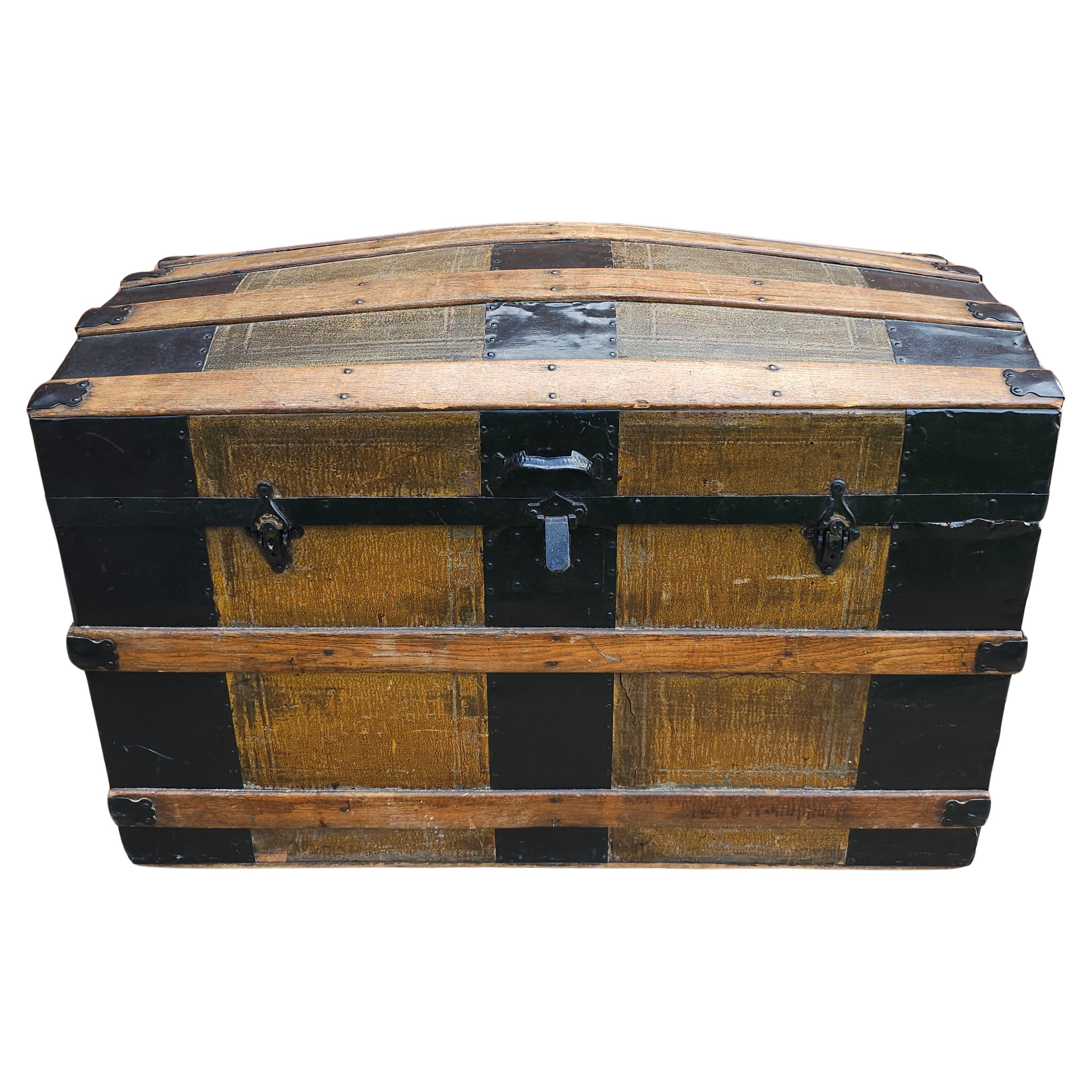 Early 20th C. American Dome Top Metal, Wood and Leather Steamer's Trunk