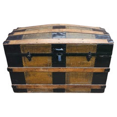Antique Early 20th C. American Dome Top Metal, Wood and Leather Steamer's Trunk