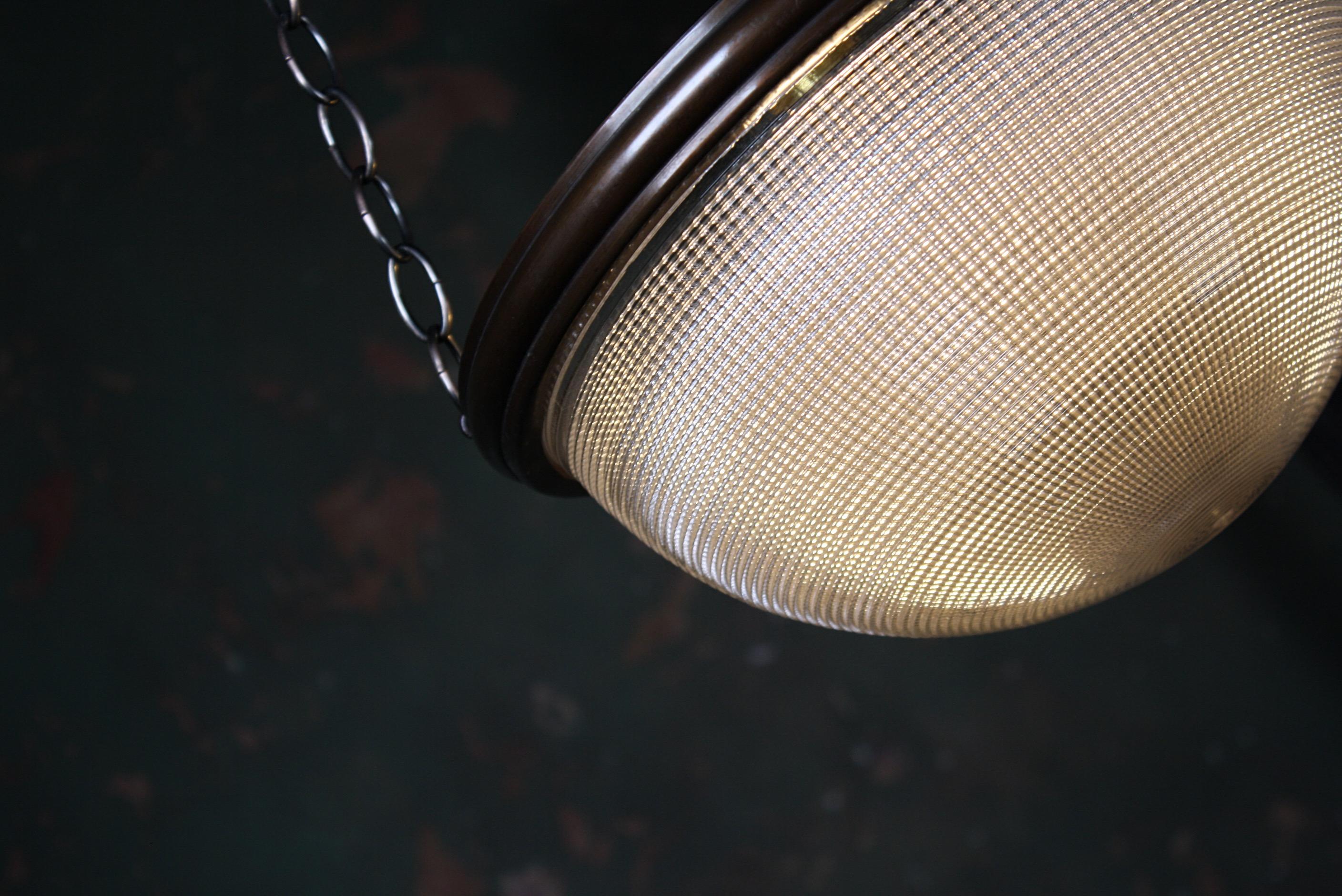 American Holophane Plaffonier Pendant Light Bronze Prismatic Glass In Good Condition In Lowestoft, GB