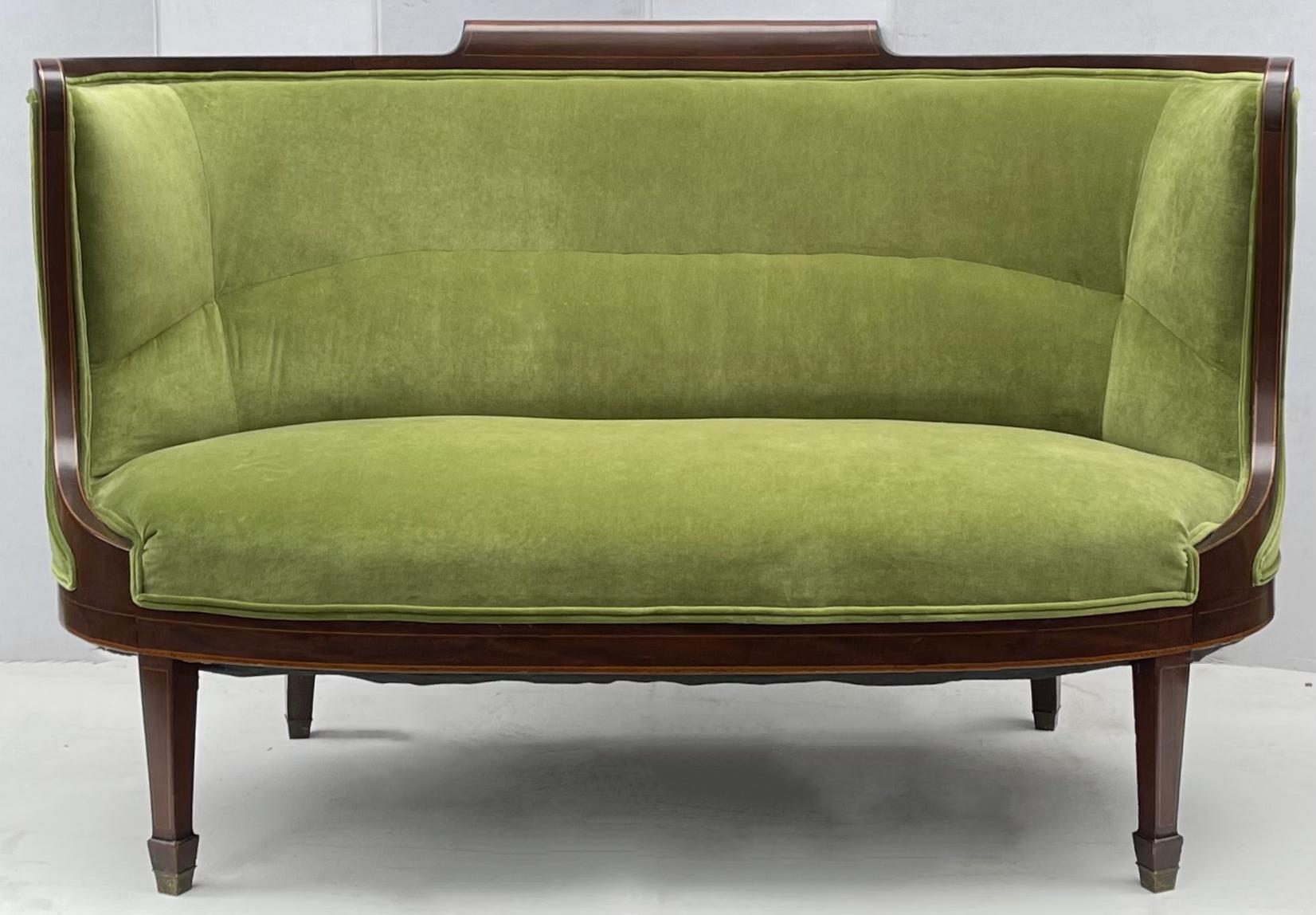 American Classical Early 20th-C. American Inlaid Mahogany Barrelback Settee in Green Velvet