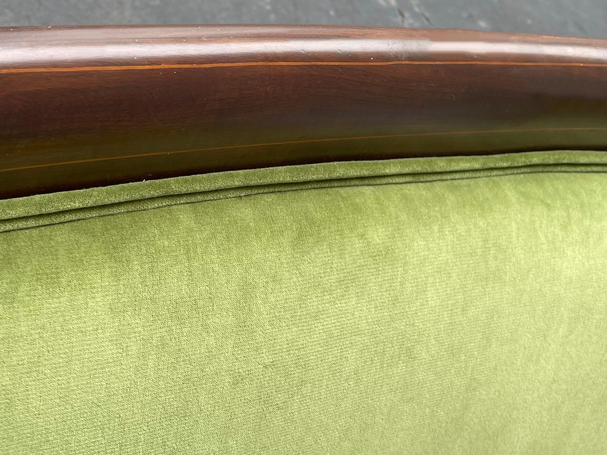 20th Century Early 20th-C. American Inlaid Mahogany Barrelback Settee in Green Velvet