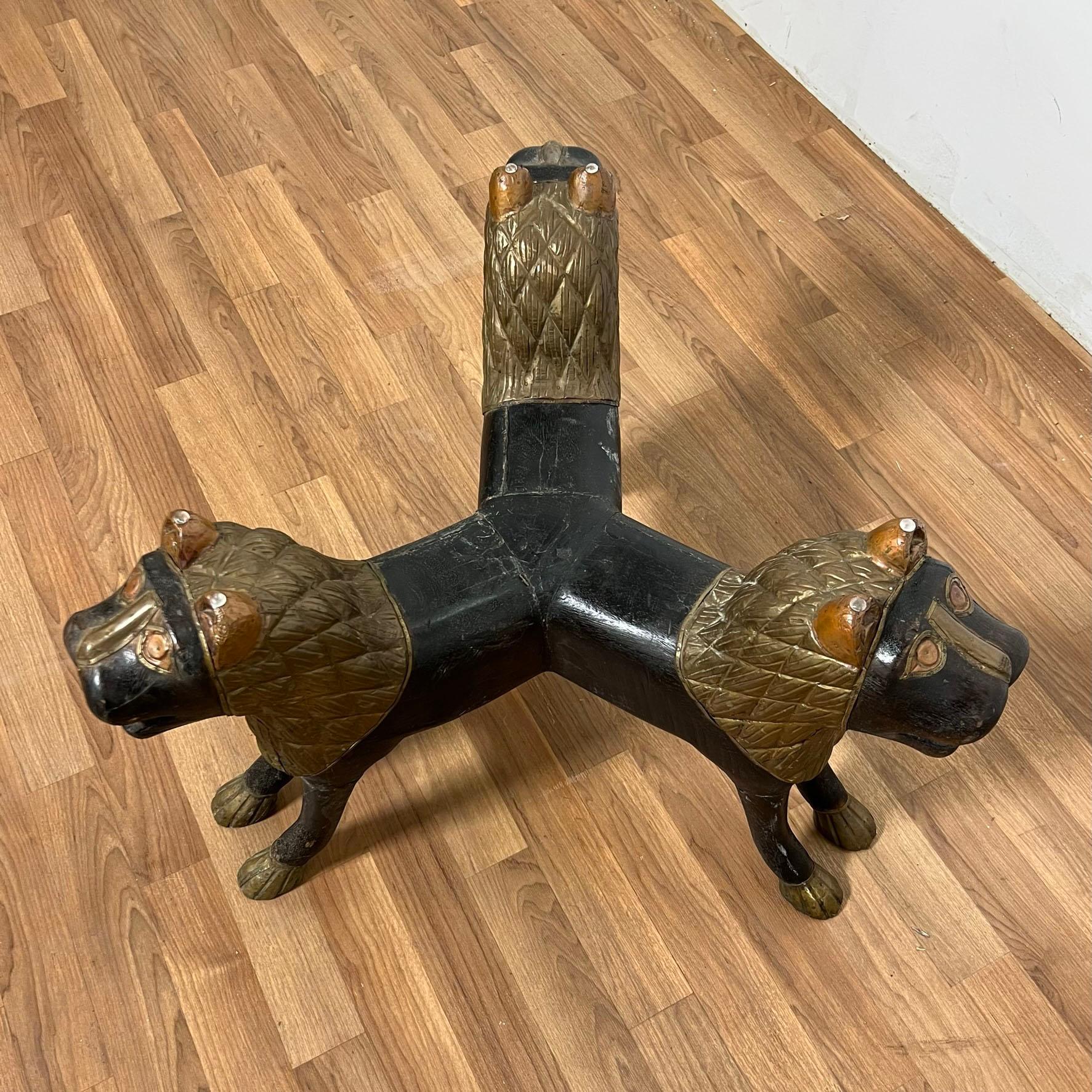 Early 20th C Anglo Indian Coffee Table, Carved Wood Lions with Brass Repoussé 5
