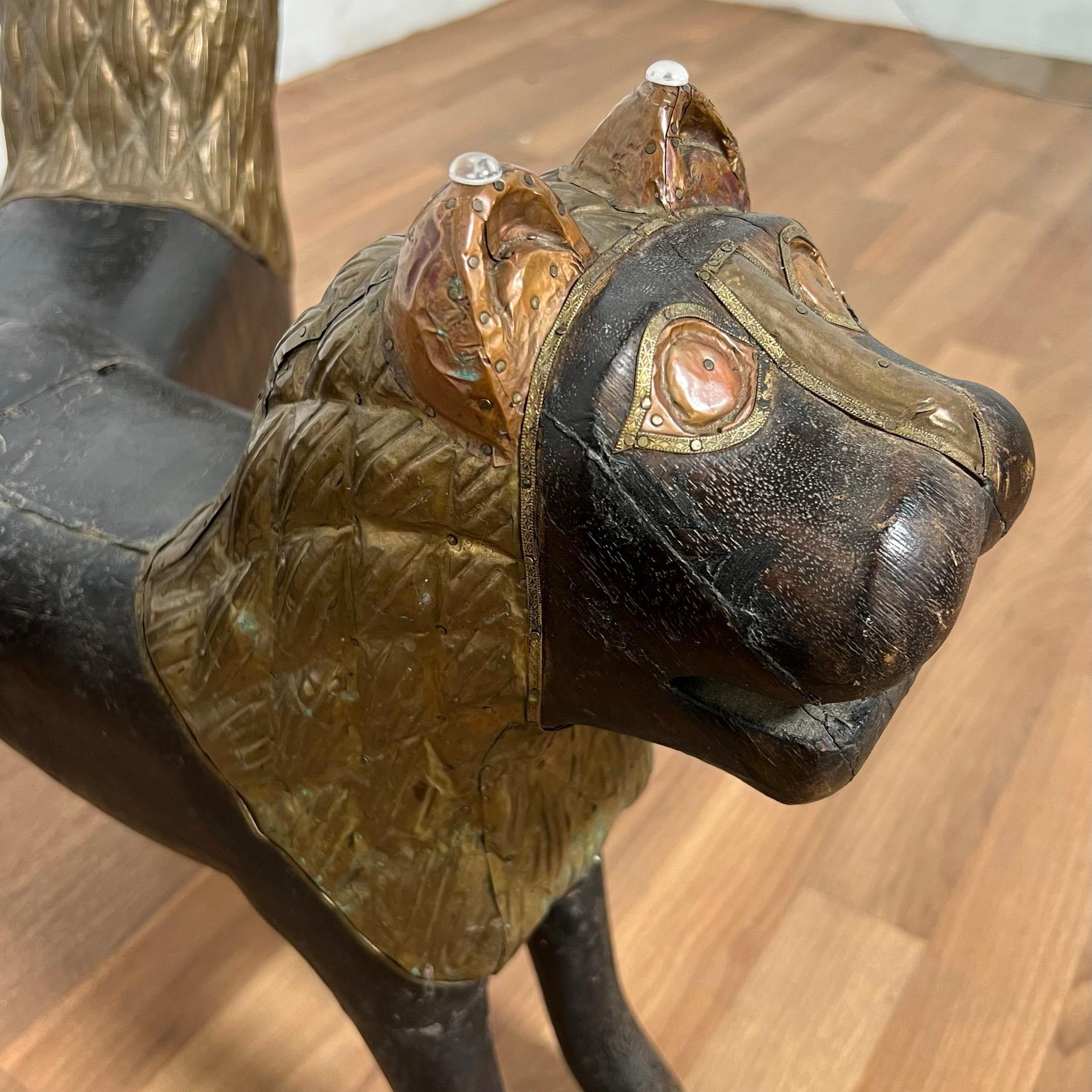 Early 20th C Anglo Indian Coffee Table, Carved Wood Lions with Brass Repoussé 7