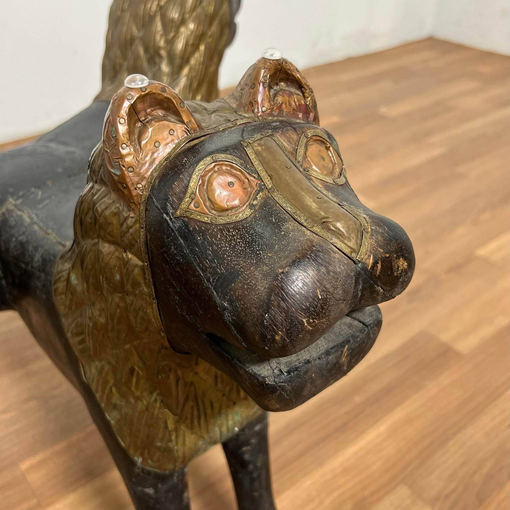 Early 20th C Anglo Indian Coffee Table, Carved Wood Lions with Brass Repoussé 8