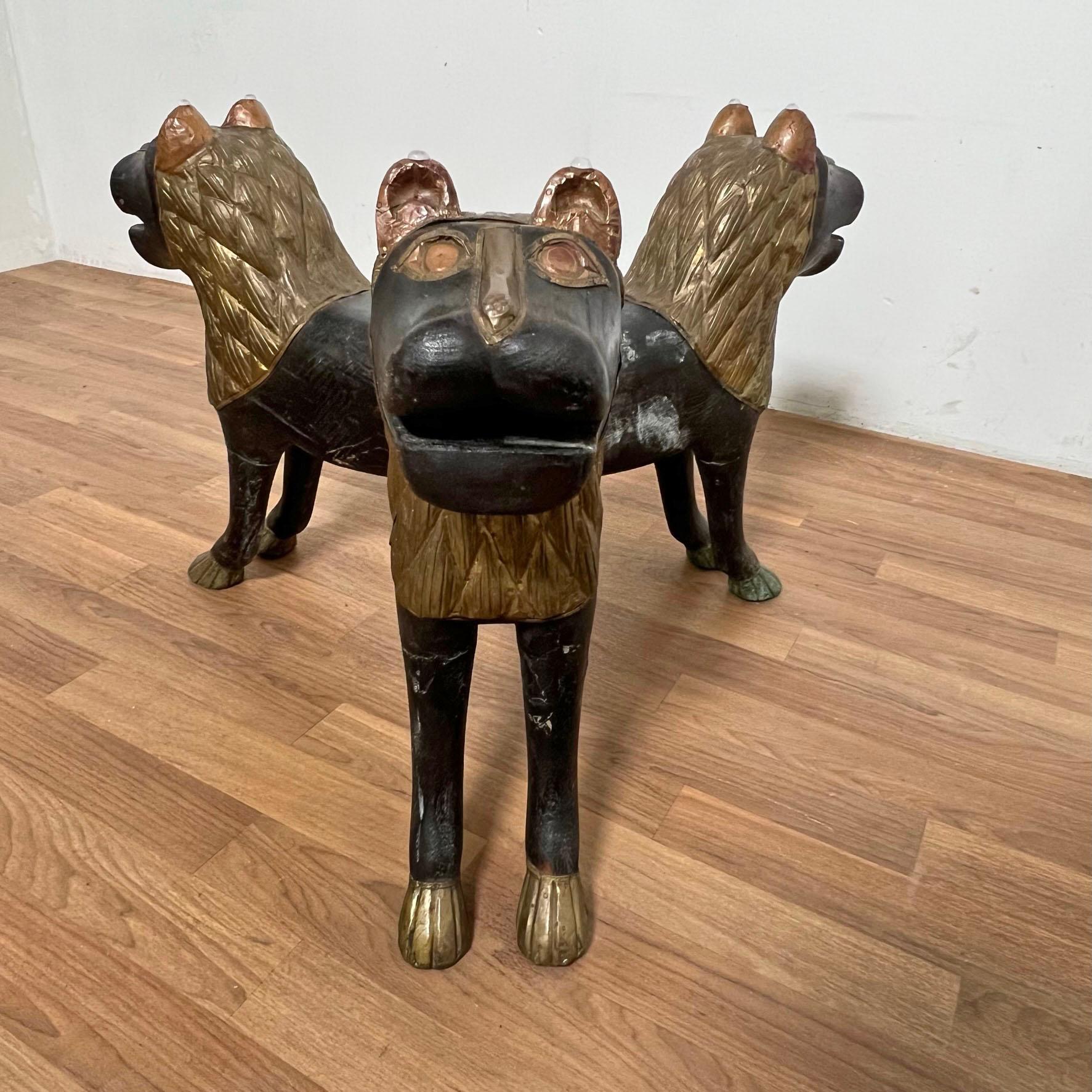 Early 20th C Anglo Indian Coffee Table, Carved Wood Lions with Brass Repoussé 10