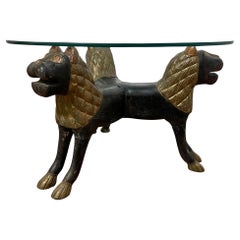 Early 20th C Anglo Indian Coffee Table, Carved Wood Lions with Brass Repoussé