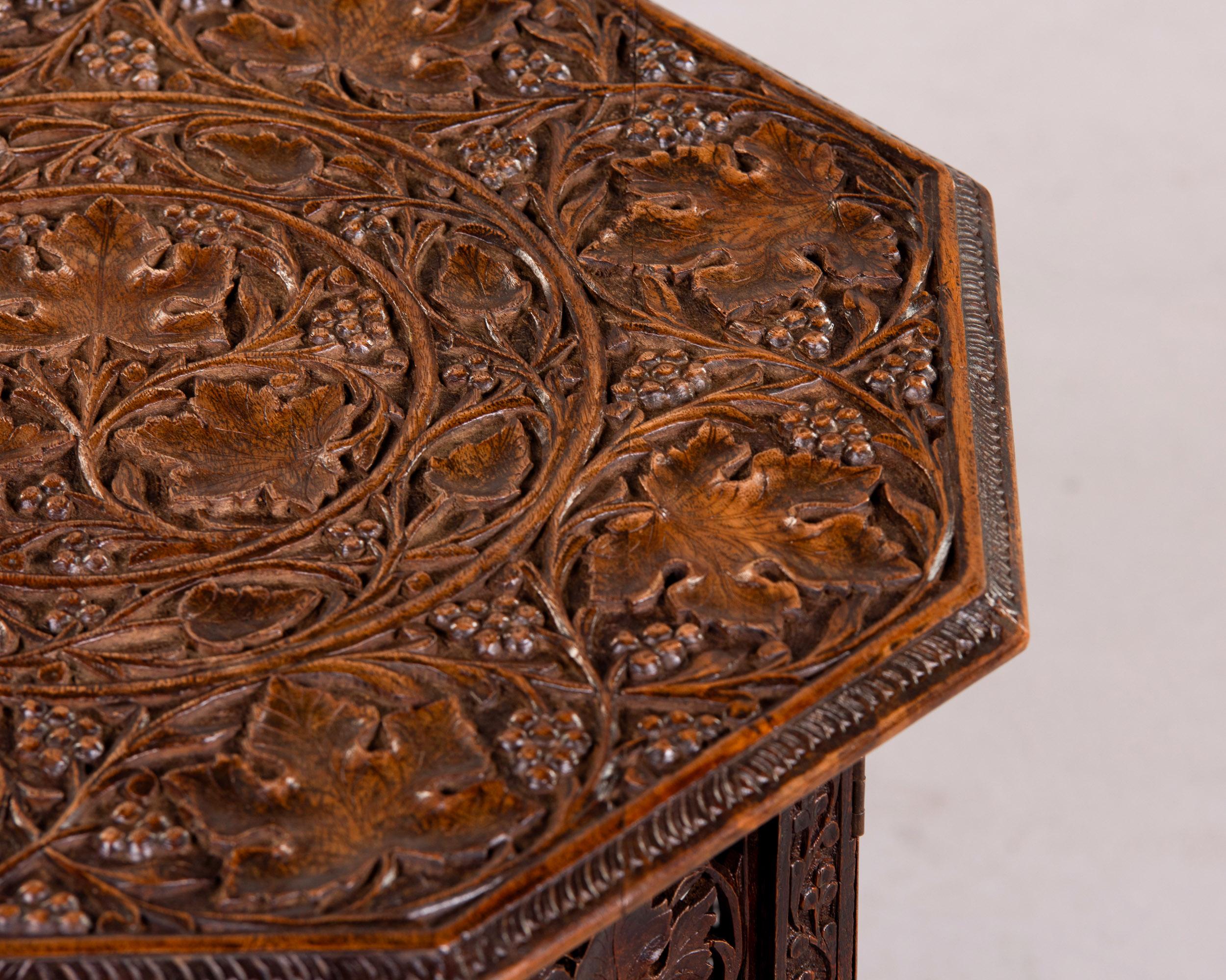 Early 20th C Anglo-Indian Folding Octagonal Table with Carved Grape Vines 4