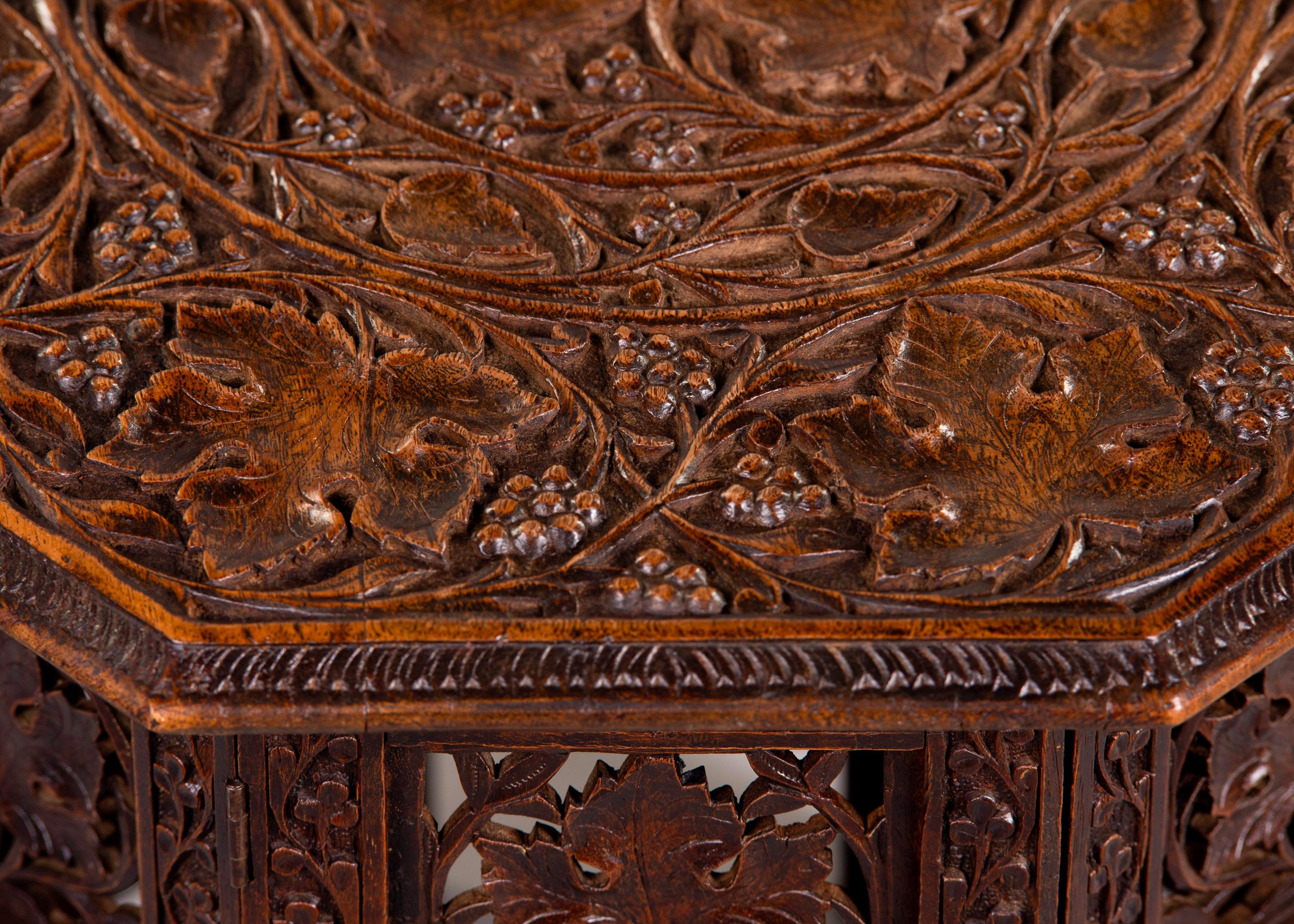 Early 20th C Anglo-Indian Folding Octagonal Table with Carved Grape Vines 5