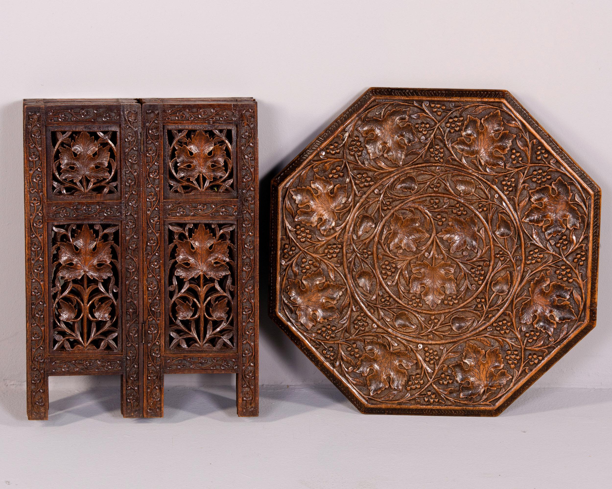 Early 20th C Anglo-Indian Folding Octagonal Table with Carved Grape Vines 7
