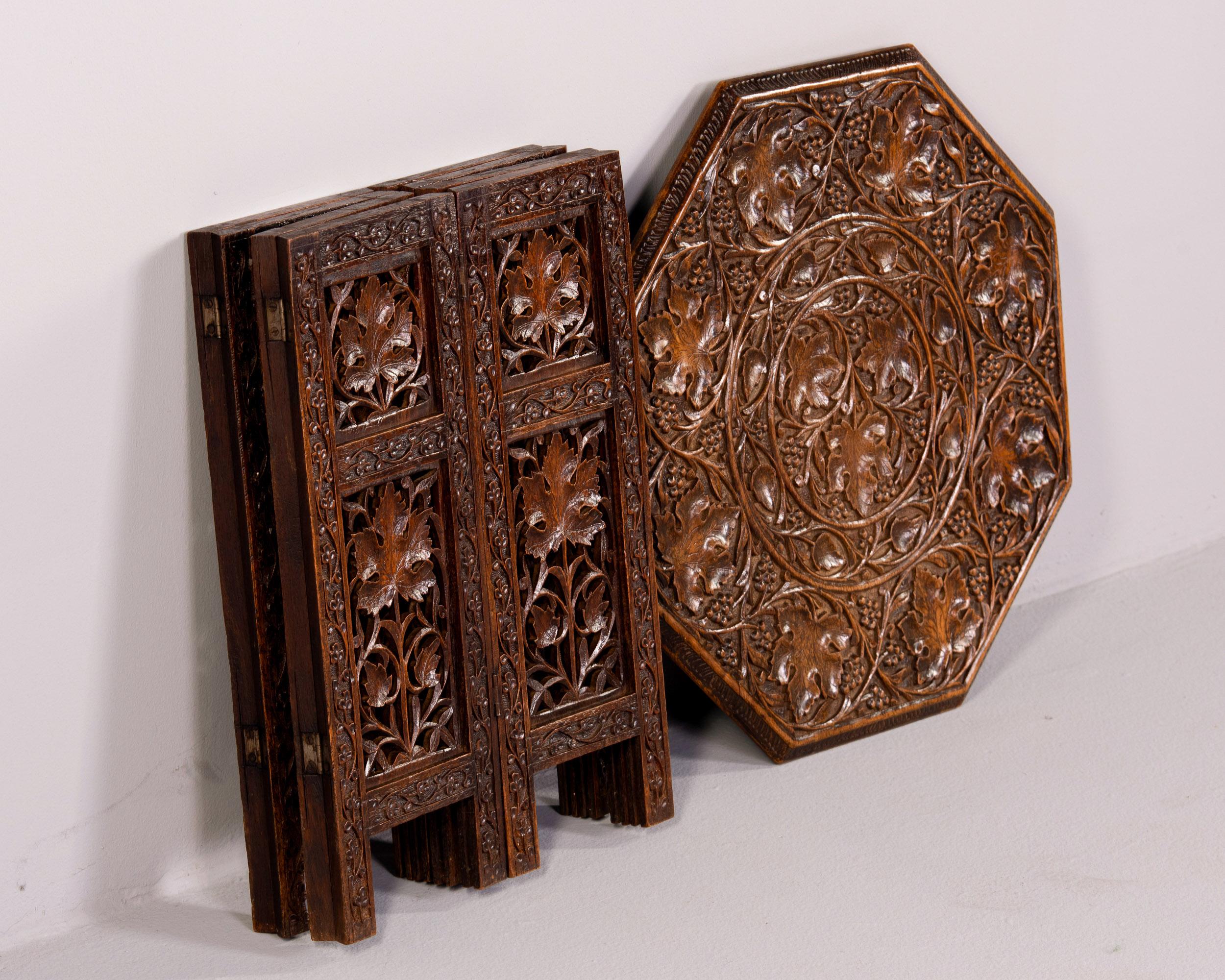 Early 20th C Anglo-Indian Folding Octagonal Table with Carved Grape Vines 8