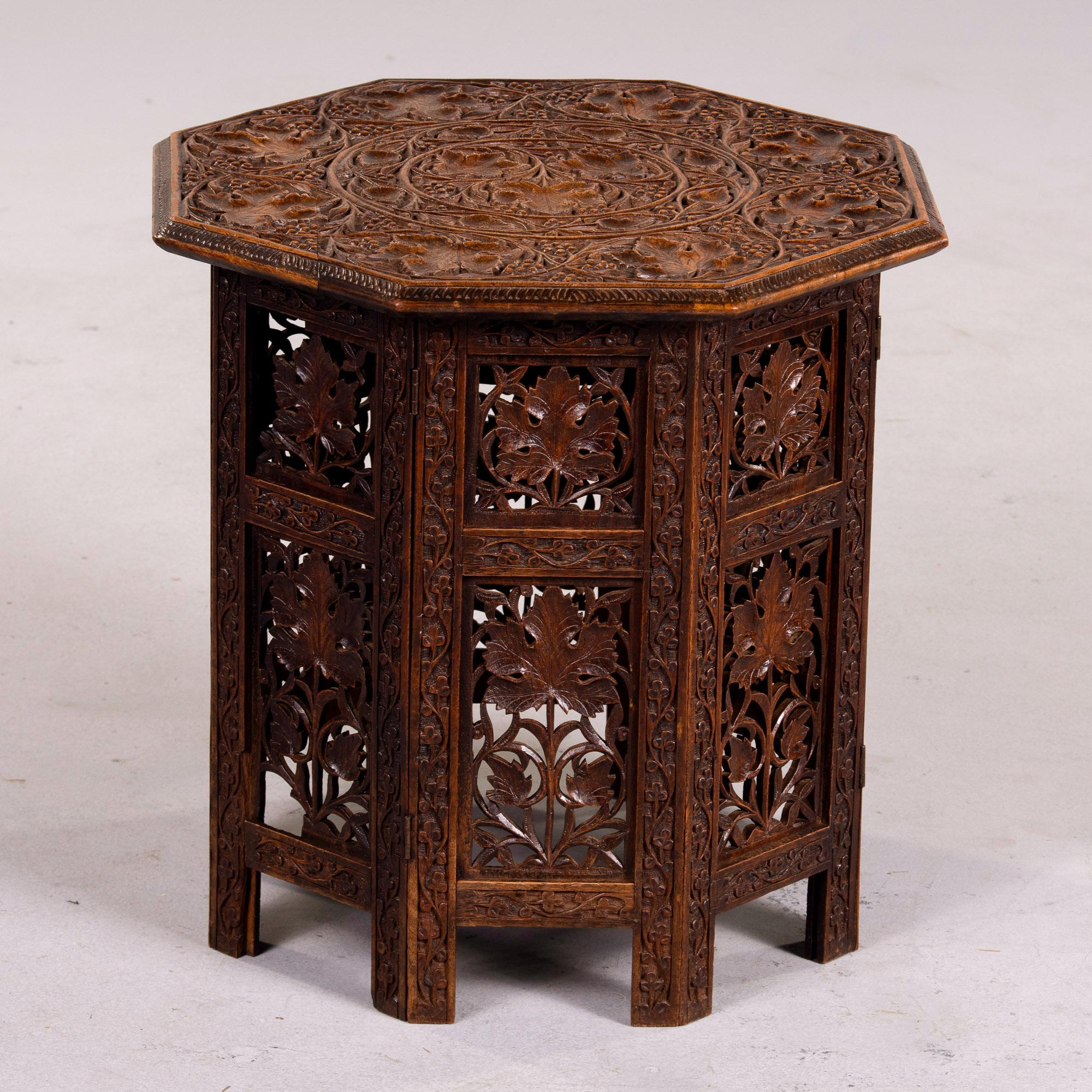 20th Century Early 20th C Anglo-Indian Folding Octagonal Table with Carved Grape Vines