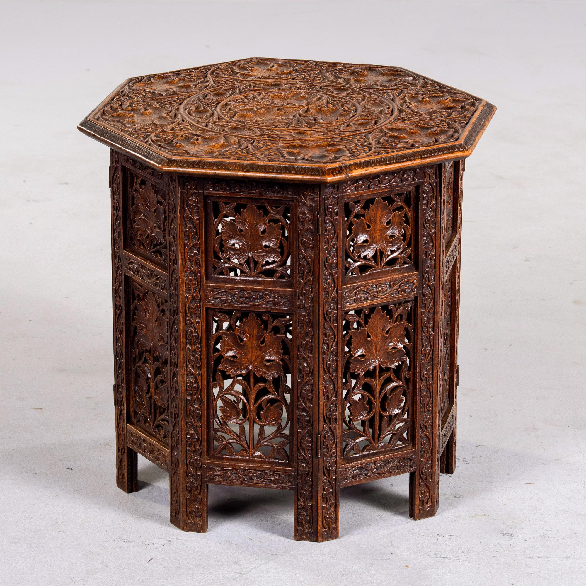 Wood Early 20th C Anglo-Indian Folding Octagonal Table with Carved Grape Vines