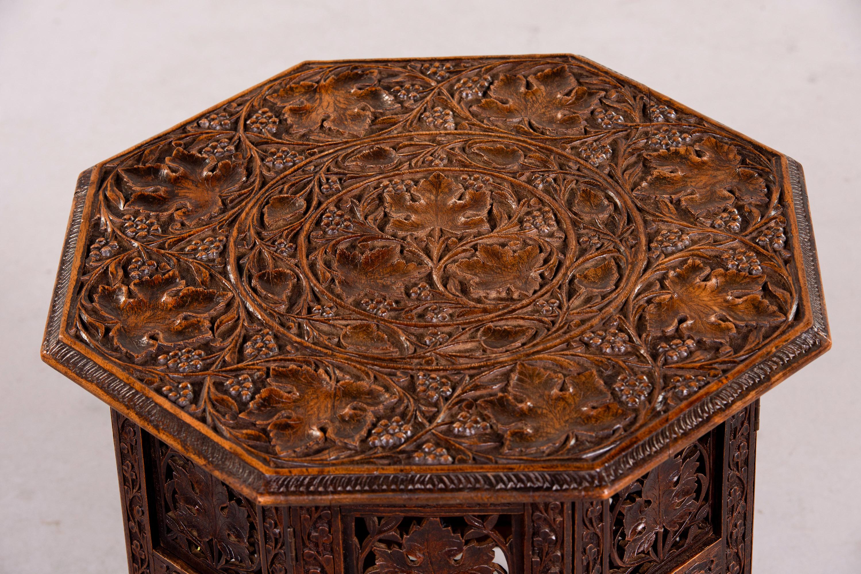 Early 20th C Anglo-Indian Folding Octagonal Table with Carved Grape Vines 1