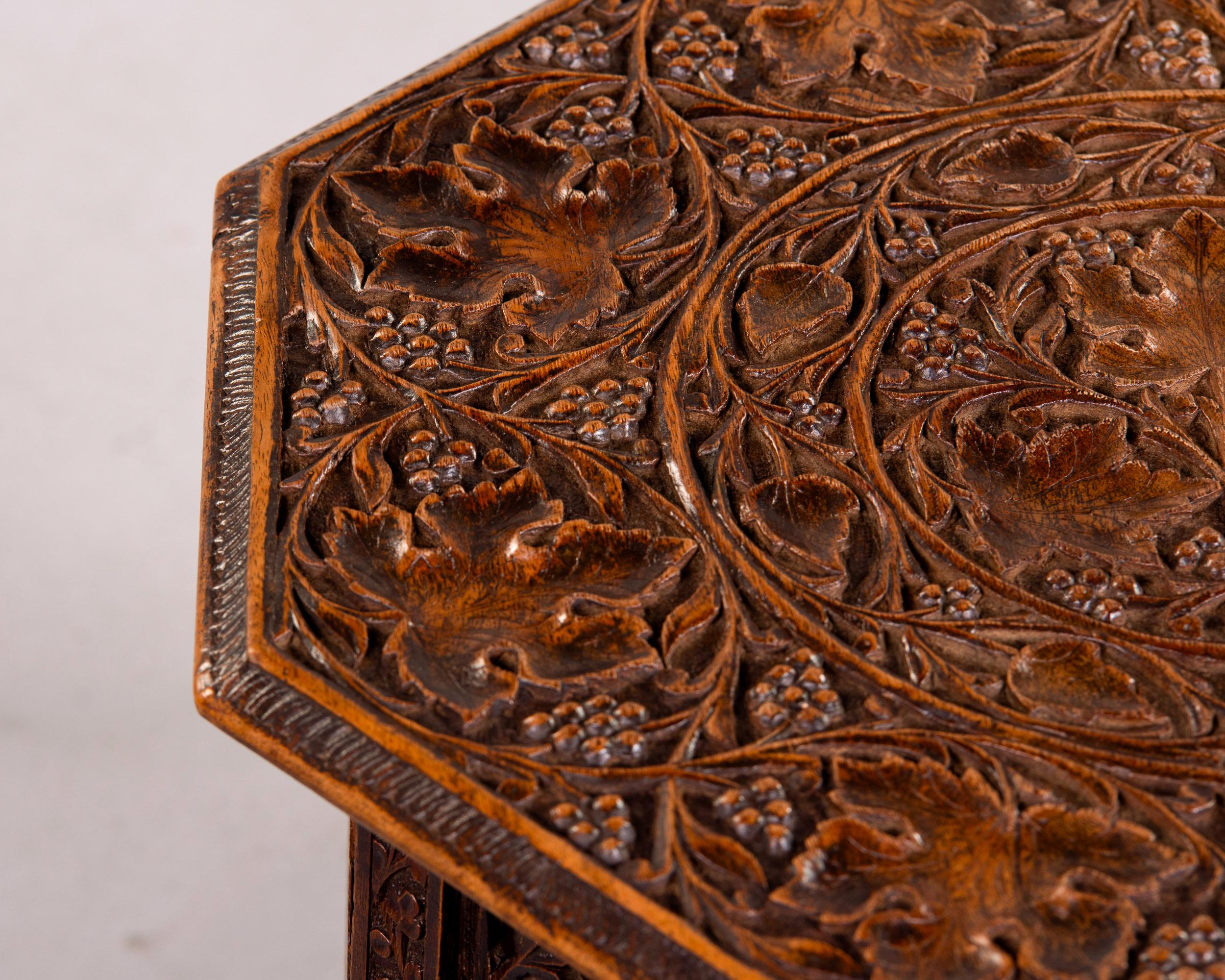 Early 20th C Anglo-Indian Folding Octagonal Table with Carved Grape Vines 3