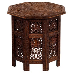Early 20th C Anglo-Indian Folding Octagonal Table with Carved Grape Vines