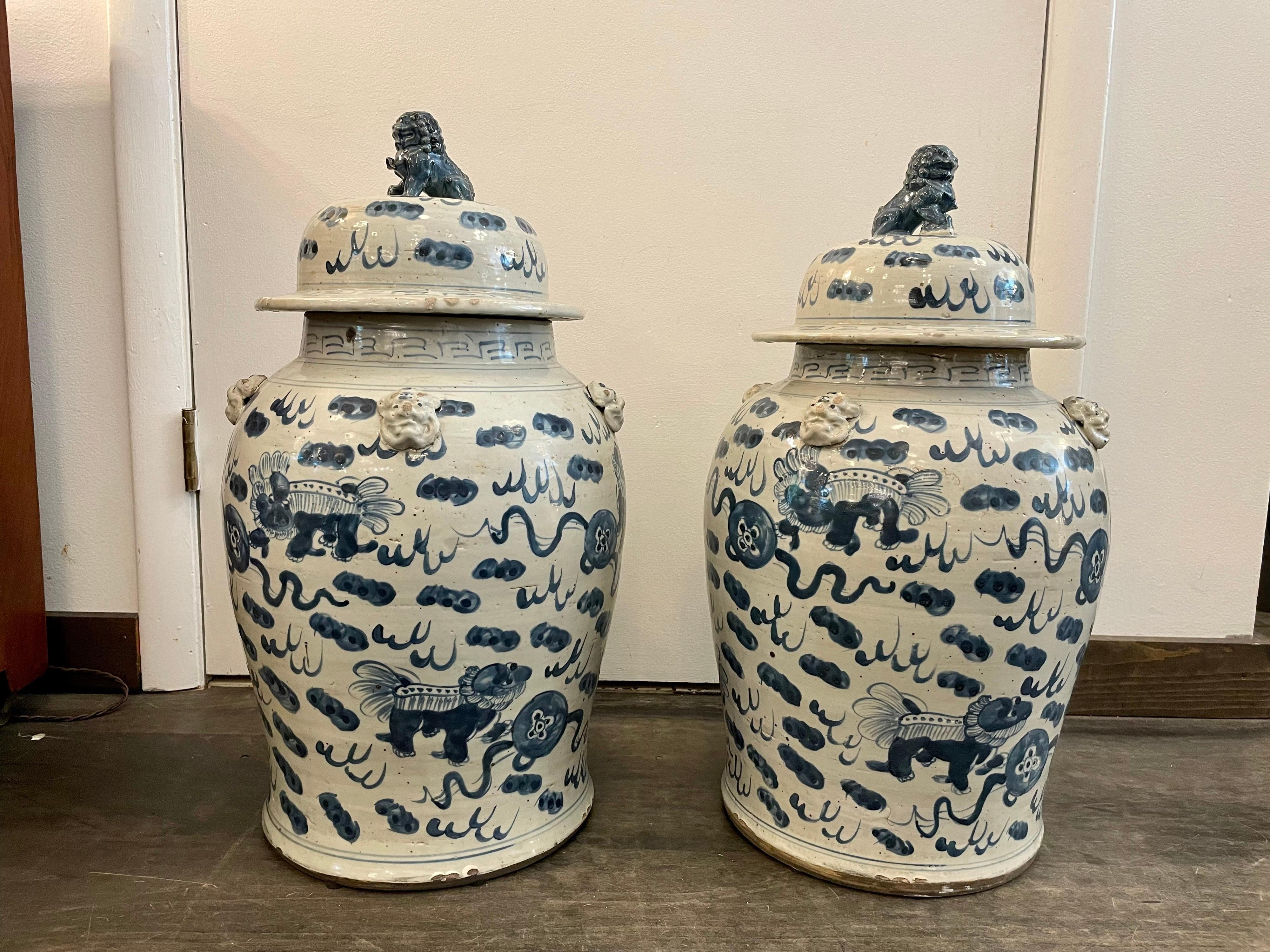 Ceramic Early 20th C. Antique Blue & White Chinoiserie Lidded Temple Jars, Pair For Sale