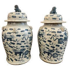 Vaso da tempio con coperchio blu e bianco, coppia di barattoli antichi del 20° secolo, con chiusura a cineserie