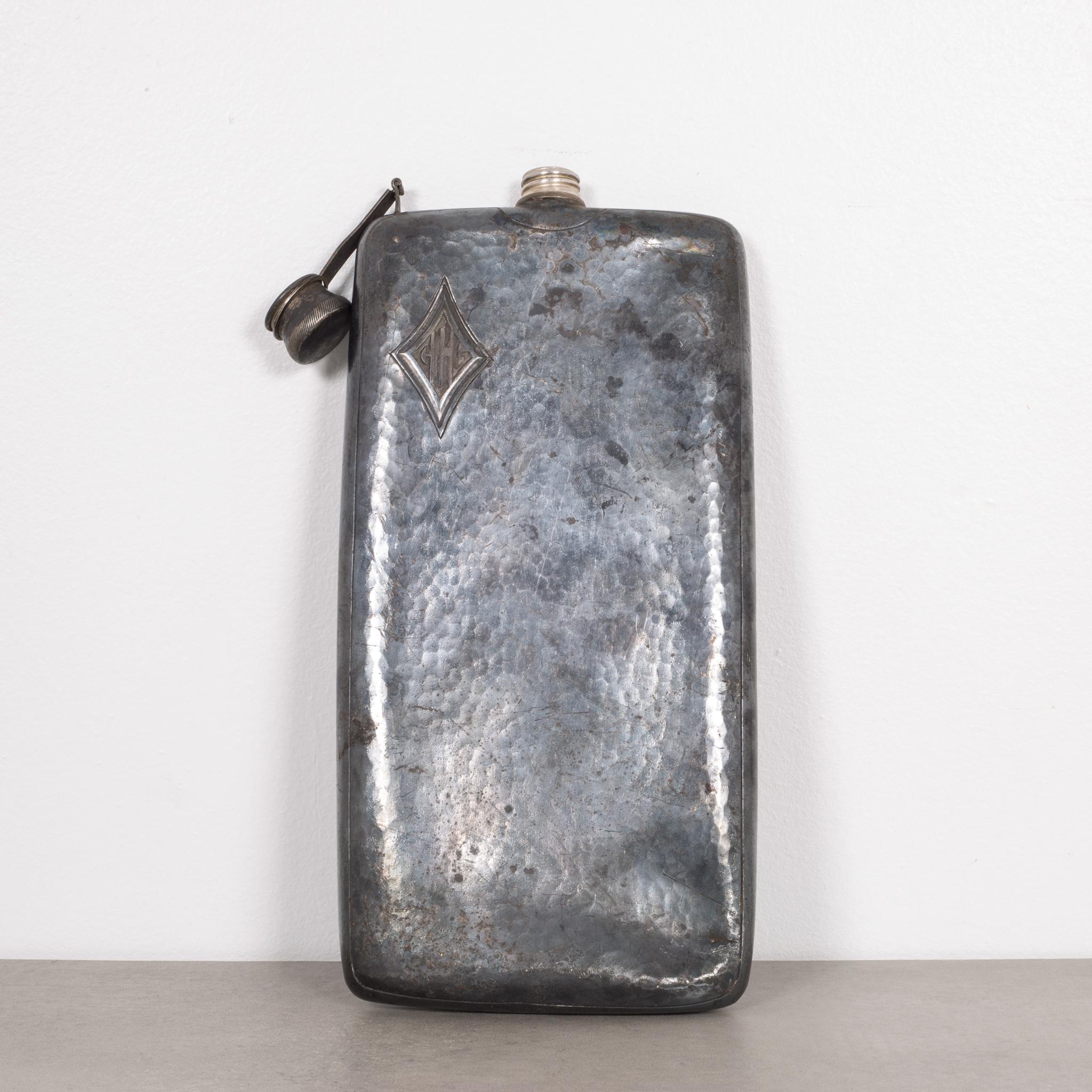 Early 20th Century Oversized Hand Hammered Monogrammed Flask, circa 1920-1930 In Good Condition In San Francisco, CA
