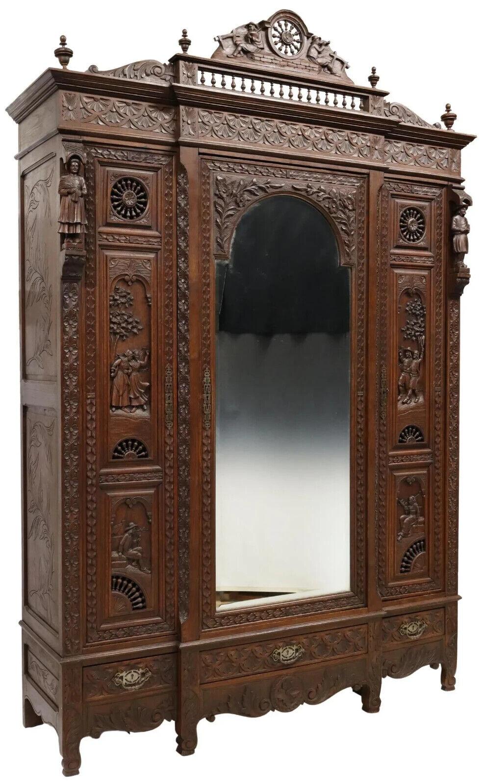 20th Century Early 20th C., Antique Triple, French Breton, Carved Oak, Mirrored Armoire!!