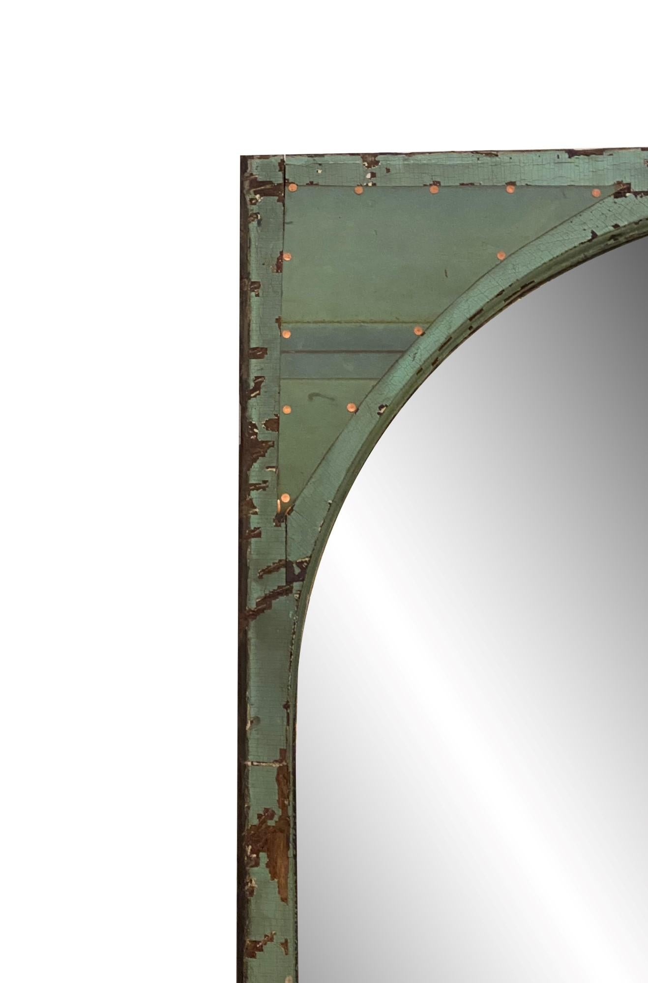 Antique early 20th century upper sash window. Original crackle paint and patinaed copper detail in corners. We have only added a new mirror to the window frame, making it an authentic, repurposed, Altered Antique. This can be seen at our 333 West