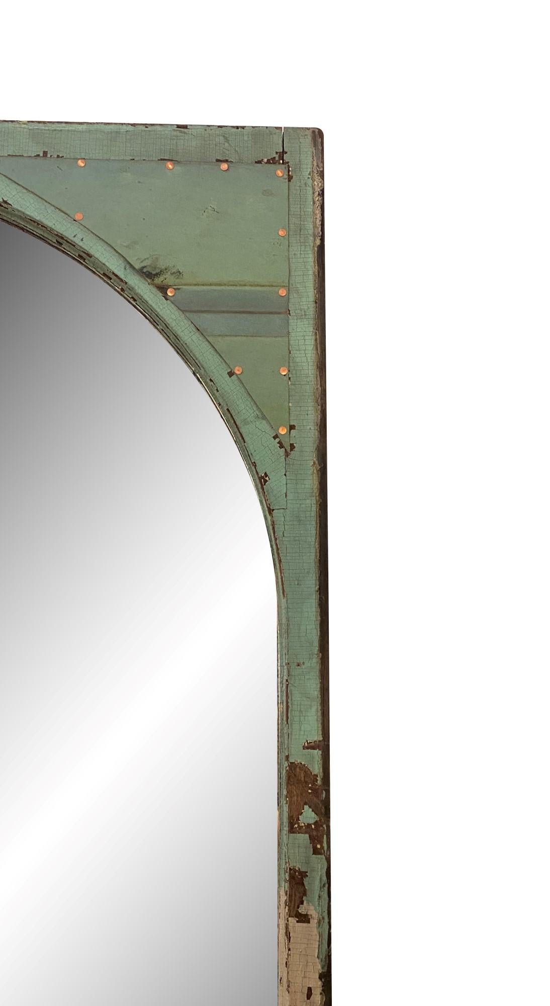 Industrial Early 20th C. Arched Wood Window Mirror with Copper Details