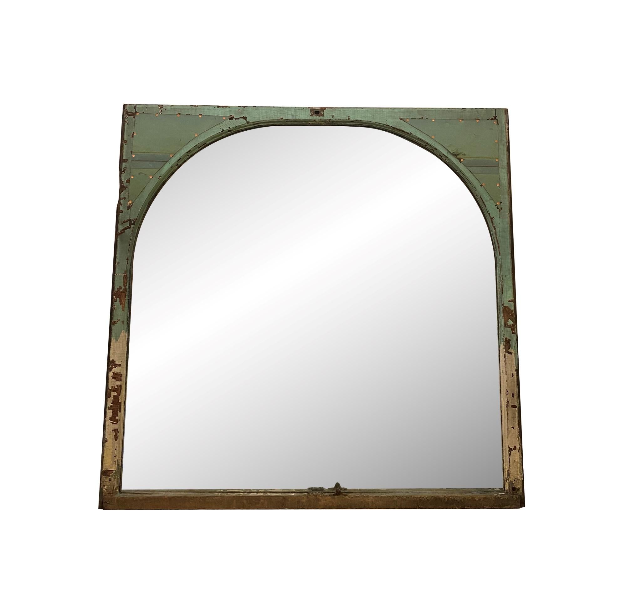 20th Century Early 20th C. Arched Wood Window Mirror with Copper Details