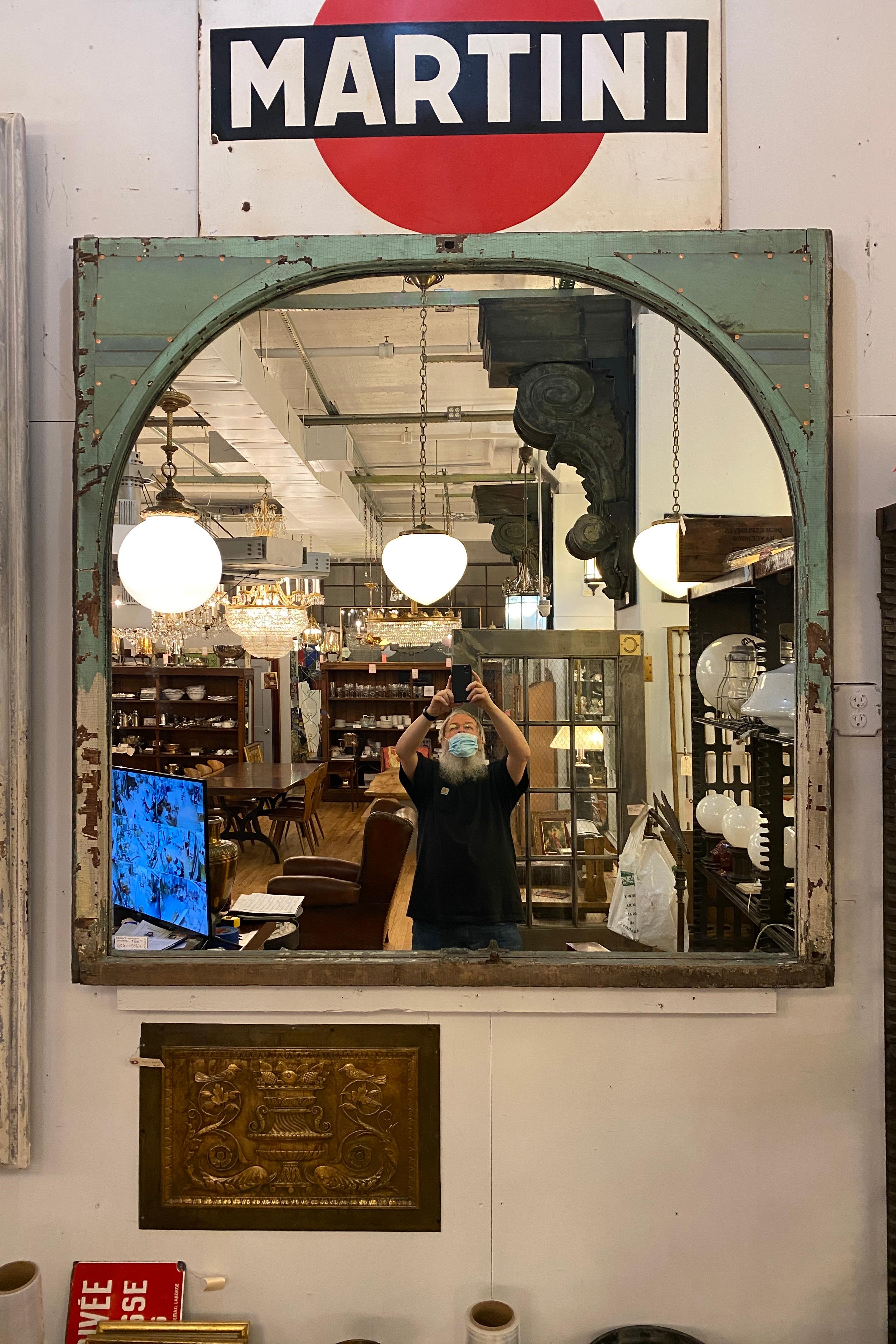 Early 20th C. Arched Wood Window Mirror with Copper Details 1