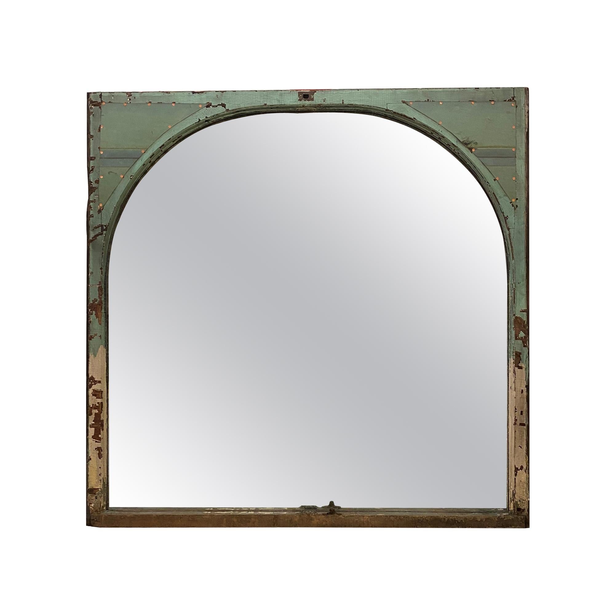 Early 20th C. Arched Wood Window Mirror with Copper Details