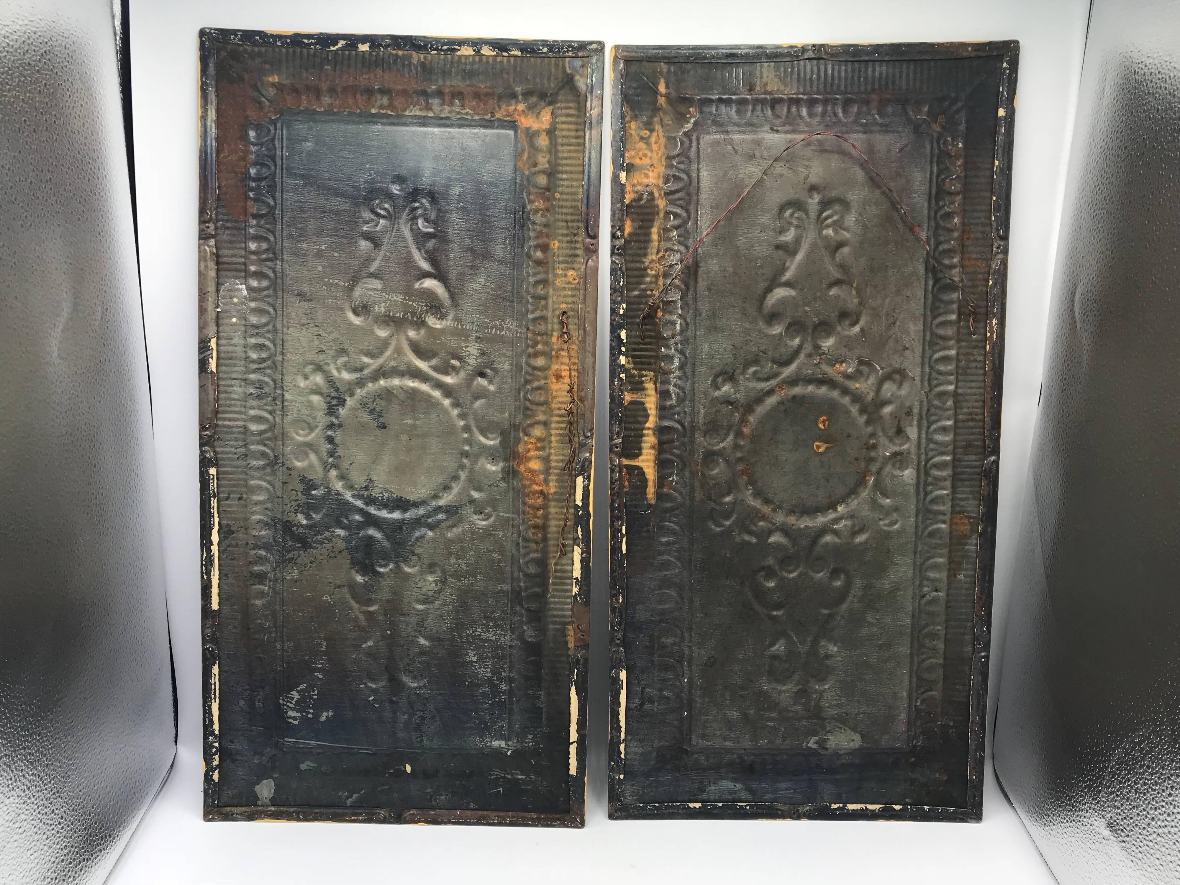 Early 20th Century Architectural Reclaimed Raised-Tin Tole Wall Plaques, Pair 4