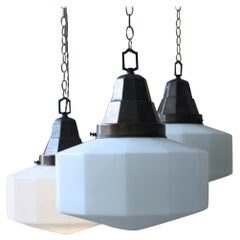 Early 20th C Art Deco Opaline Glass Gilt Copper Pendants Lights, 3 Available