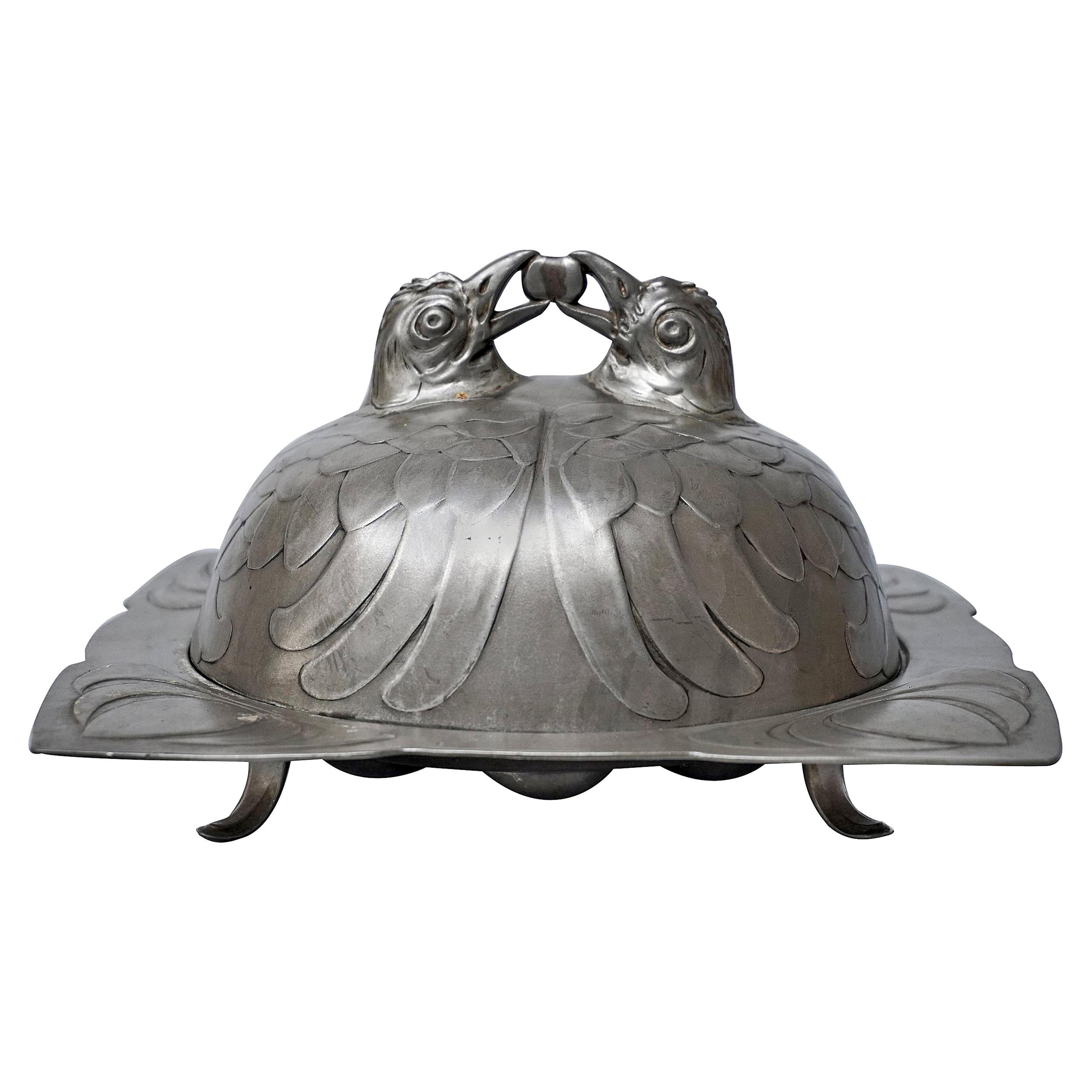 Art Nouveau Covered Pewter Osiris 909 Isis Egg and Chicken Dish