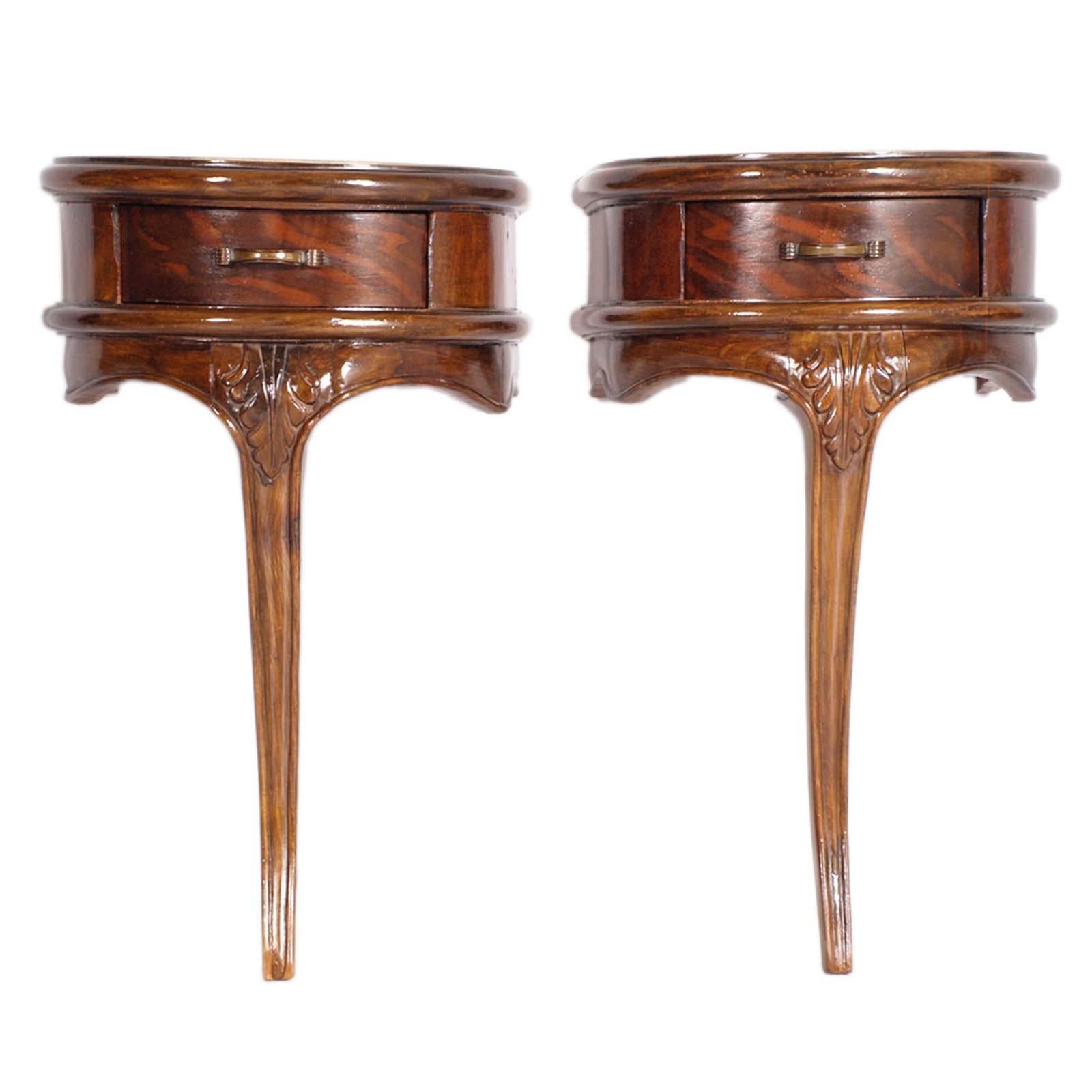 Elegant 1910s Art Nouveau nighstands in hand-carved walnut by Meroni & Fossati, atributable Eugenio Quarti, with gilt painted glass top. Wax polished.

Abuot Meroni & Fossati:
A. Meroni & R. Fossati - founded in 1870, it was one of the oldest and