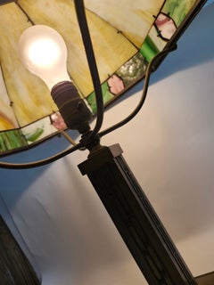 Early 20th C Arts & Crafts Curved Slag Glass Panels w Brass Overlay Table Lamp