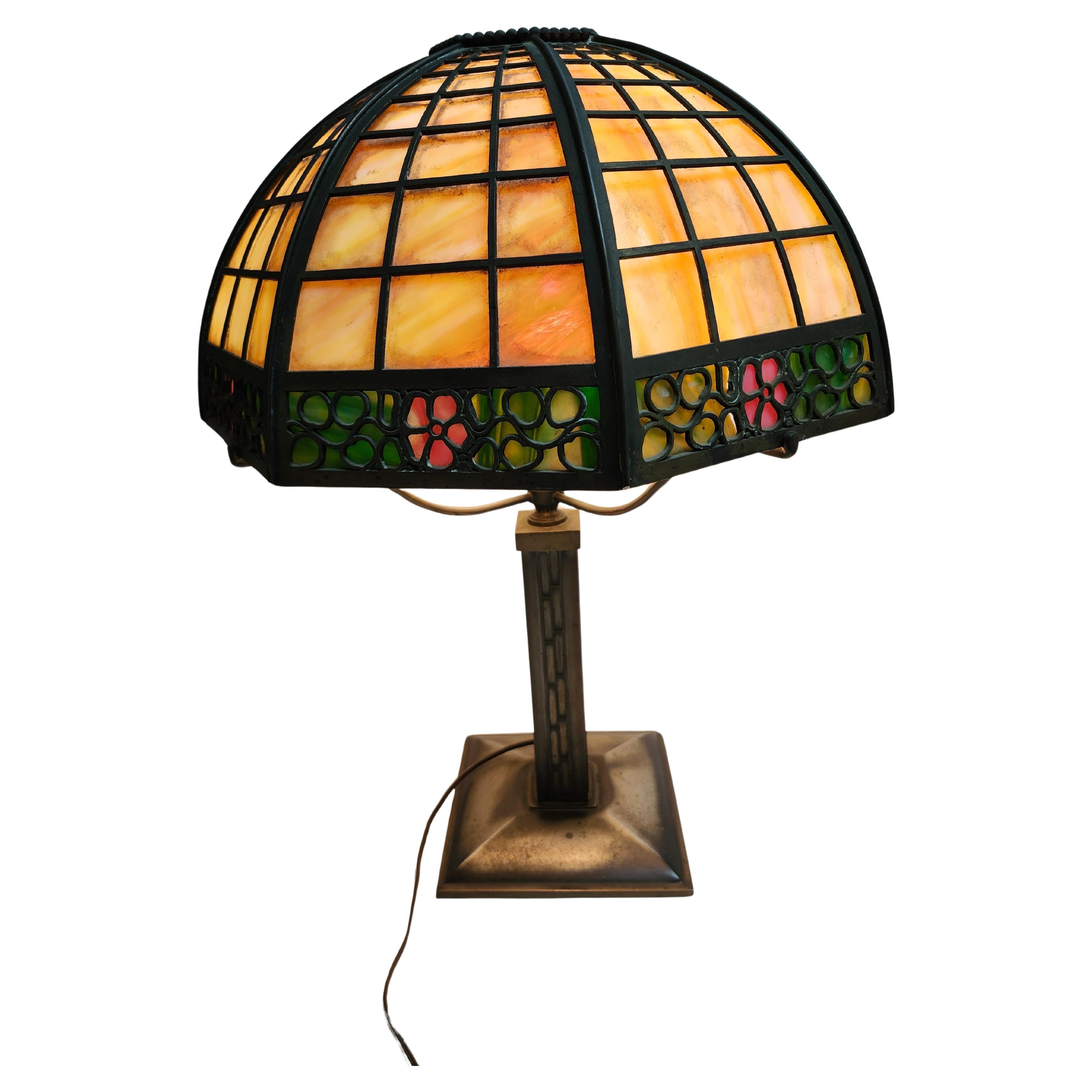 Early 20th C Arts & Crafts Curved Slag Glass Panels w Brass Overlay Table Lamp