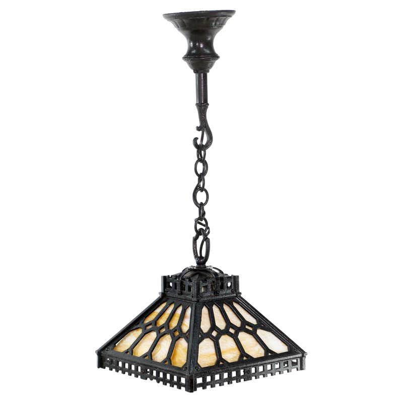 Arts and Crafts Mission Brass with Slag Glass Pendant Lamp, C1905 at ...