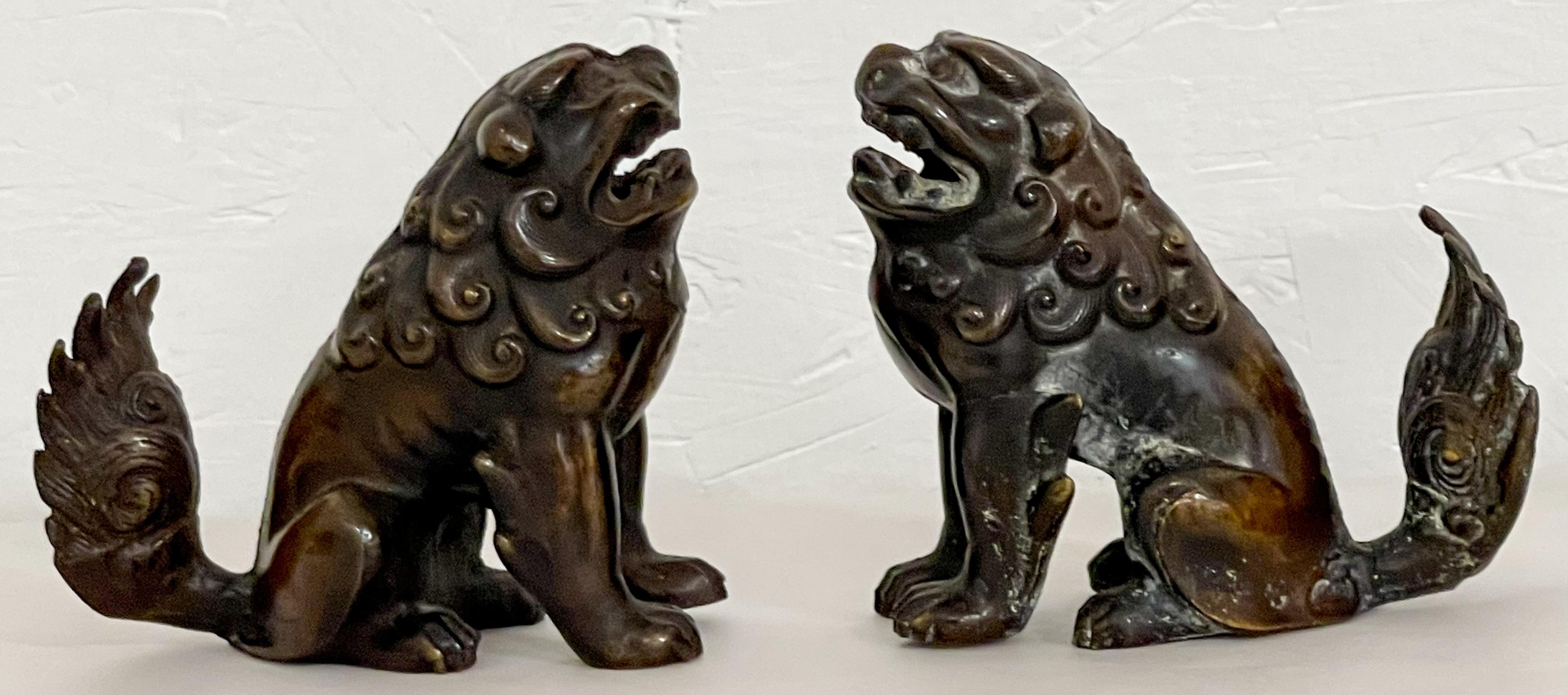 Chinese Export Early 20th-C. Asian Bronze Food Dogs or Lions Figurines, Pair For Sale