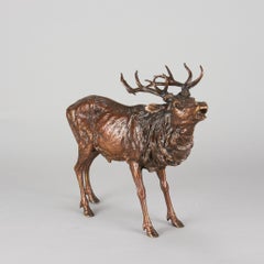Early 20th C Austrian Cold-Painted Entitled "Roaring Stag" by Franz Bergman